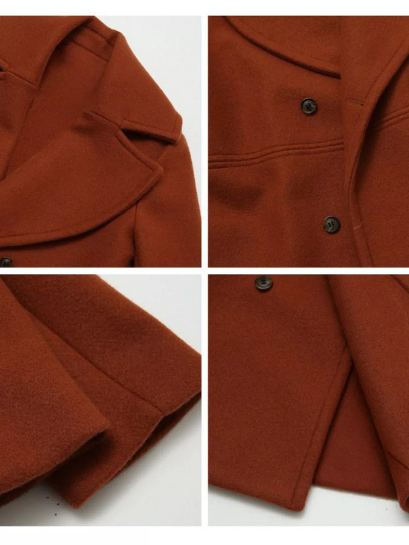 Double-Breasted Long Sleeve Coat in rust color, showcasing close-up details of buttons and structured fabric.