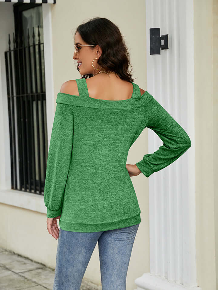 Cold Shoulder Cutout Square Neck Blouse in green, showcasing the back view with trendy cold shoulder detail.