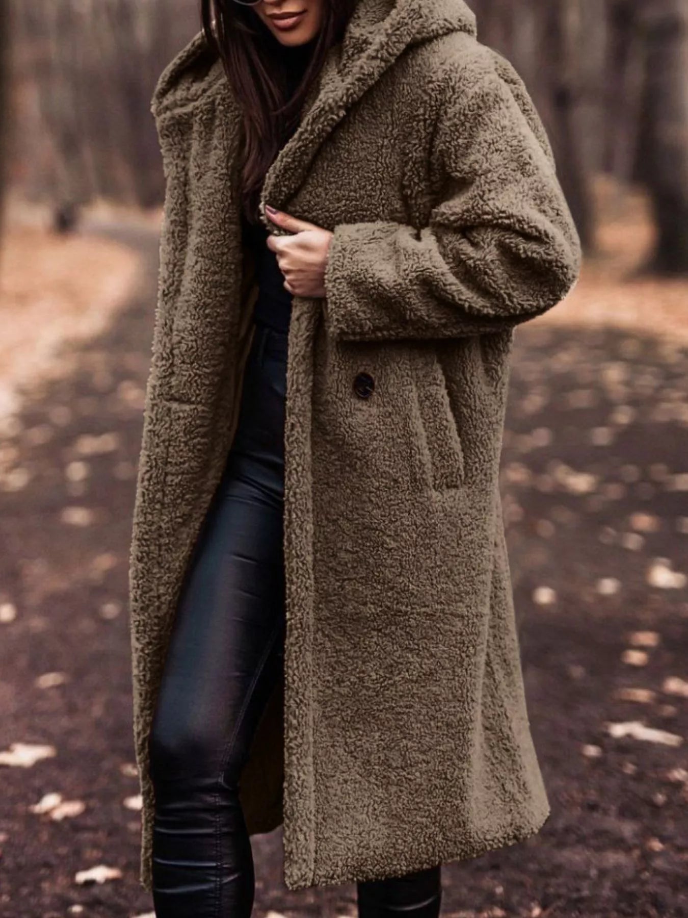 Teddy Bear Hooded Longline Outerwear in olive green with pockets and buttoned closure, ideal for cozy everyday style.