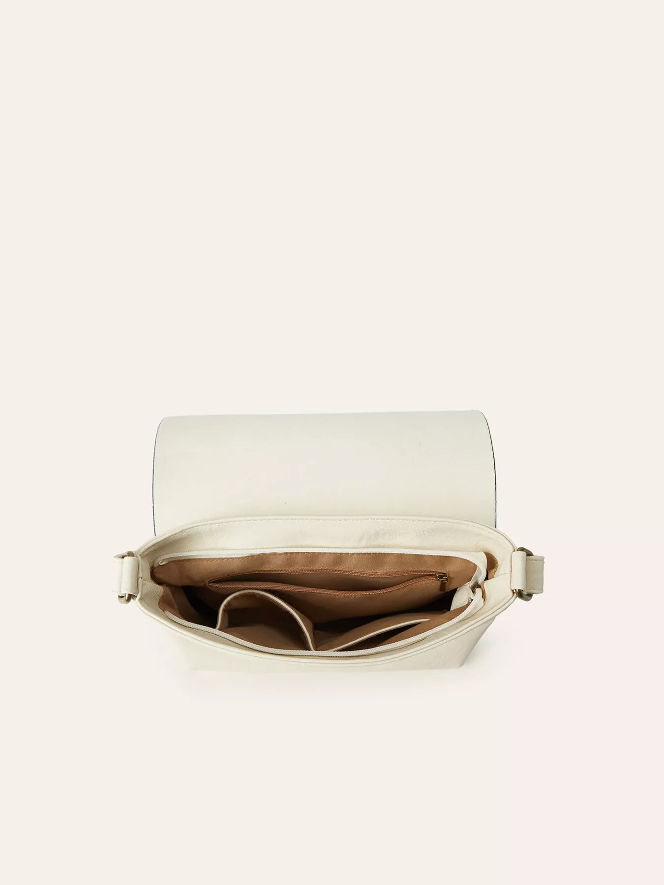 Open view of the Vintage Buckle Flap Crossbody Bag showcasing its spacious interior and pockets.