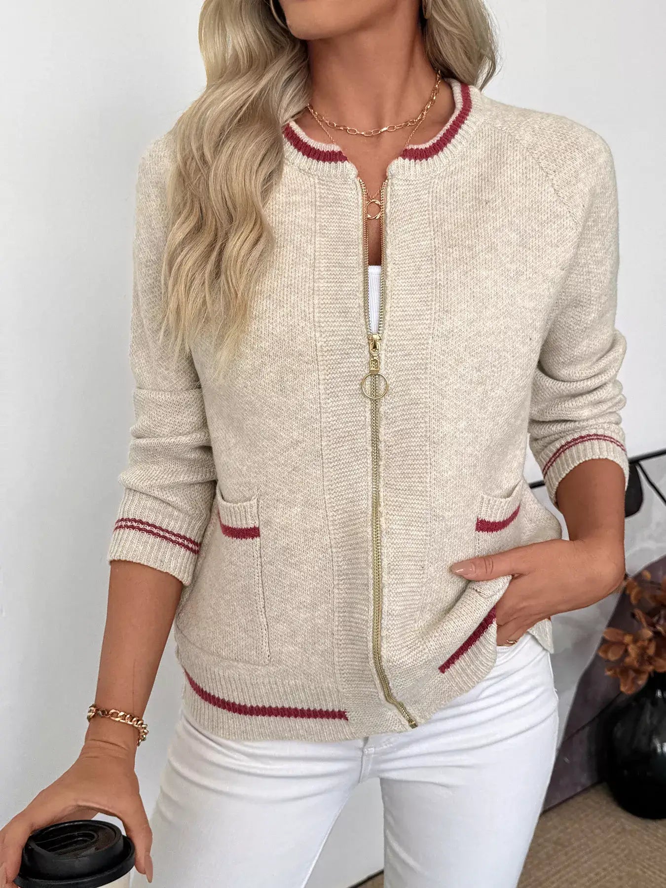 Zip Up Contrast Trim Cardigan with Button Detail, featuring a stylish zip closure and modern contrast trim.