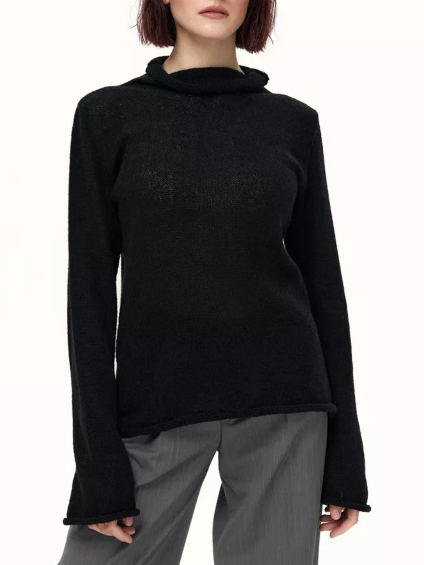 Mock Neck Long Sleeve Sweater in black, featuring long sleeves and a casual pullover style, perfect for women's fashion.