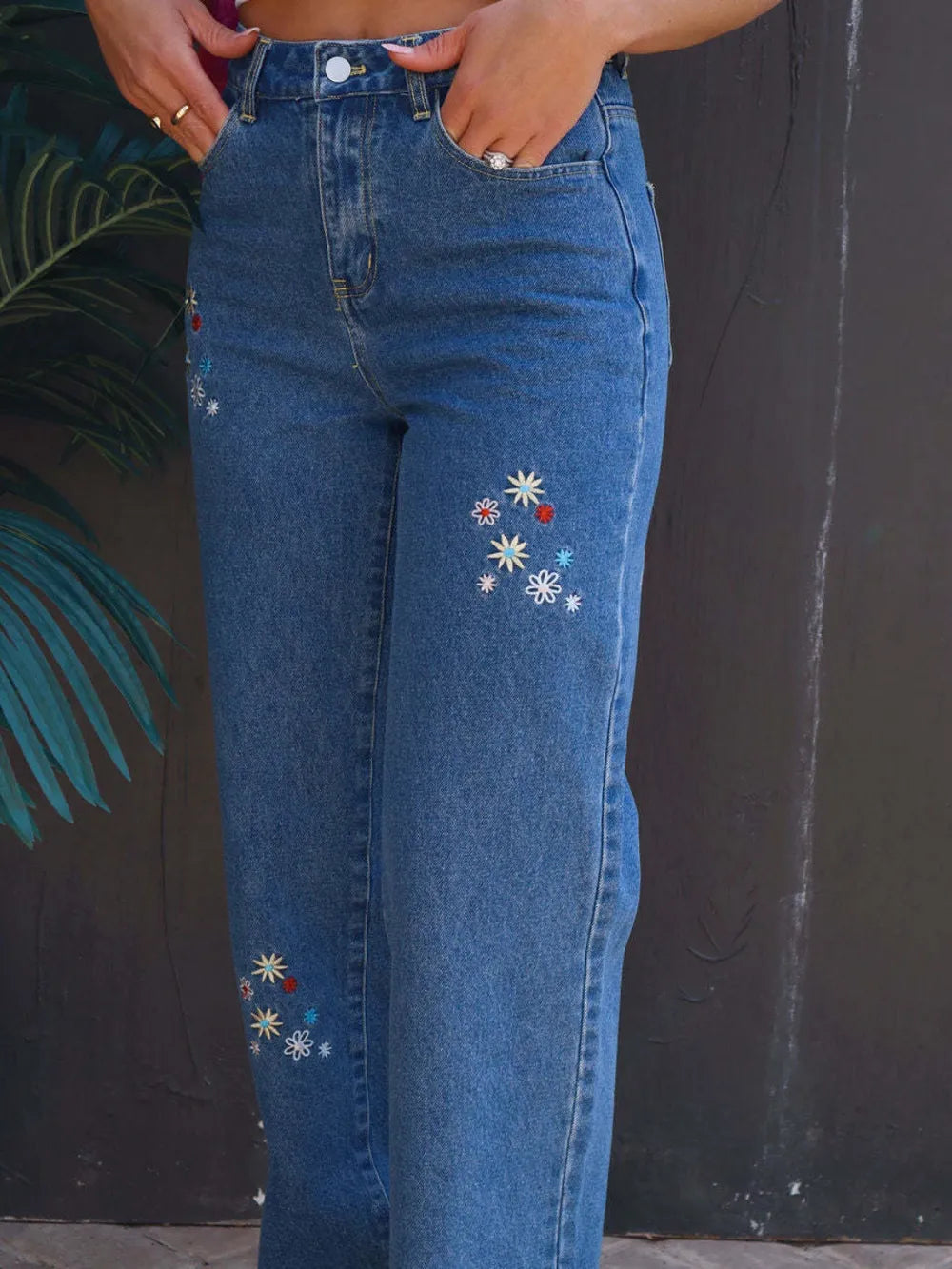 Embroidered Straight Jeans with Pockets showcased, featuring floral embroidery and a slightly stretchy fit.