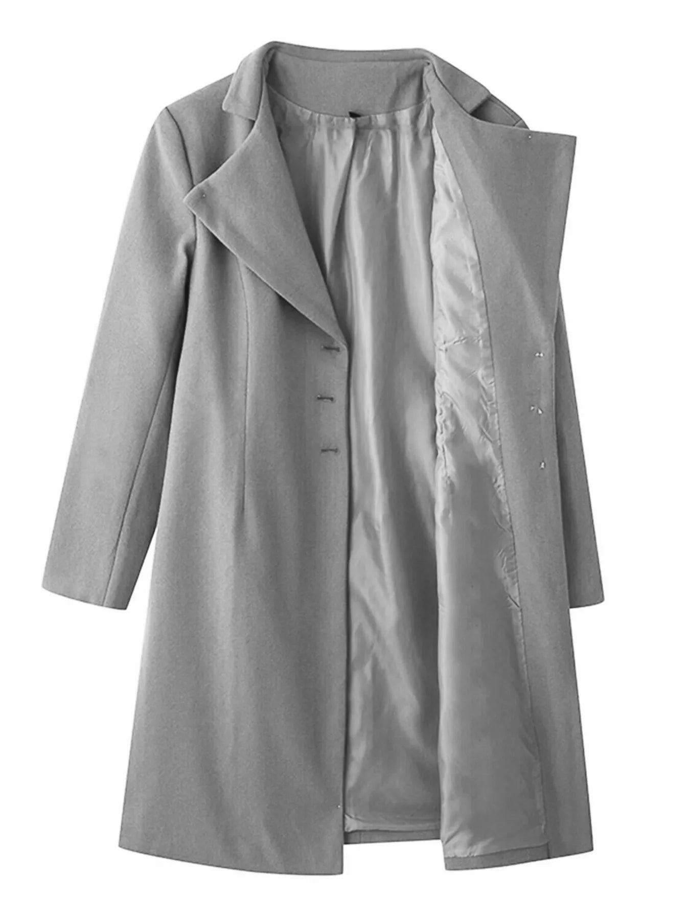 Full Size Single Breasted Long Sleeve Overcoat for Women in gray with lined interior and buttoned front.