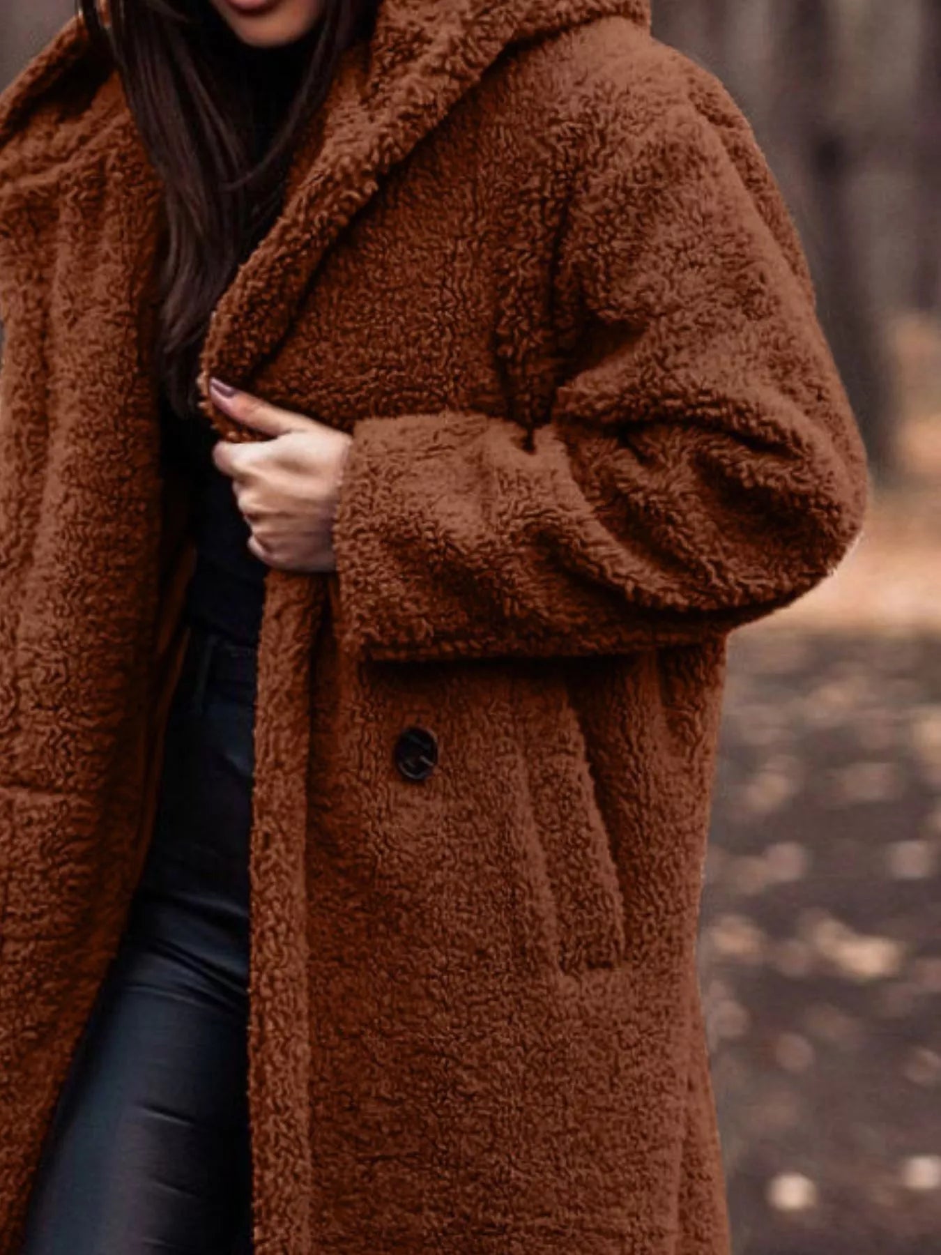 Teddy Bear Hooded Longline Outerwear in brown, featuring pockets and a cozy design for everyday style.