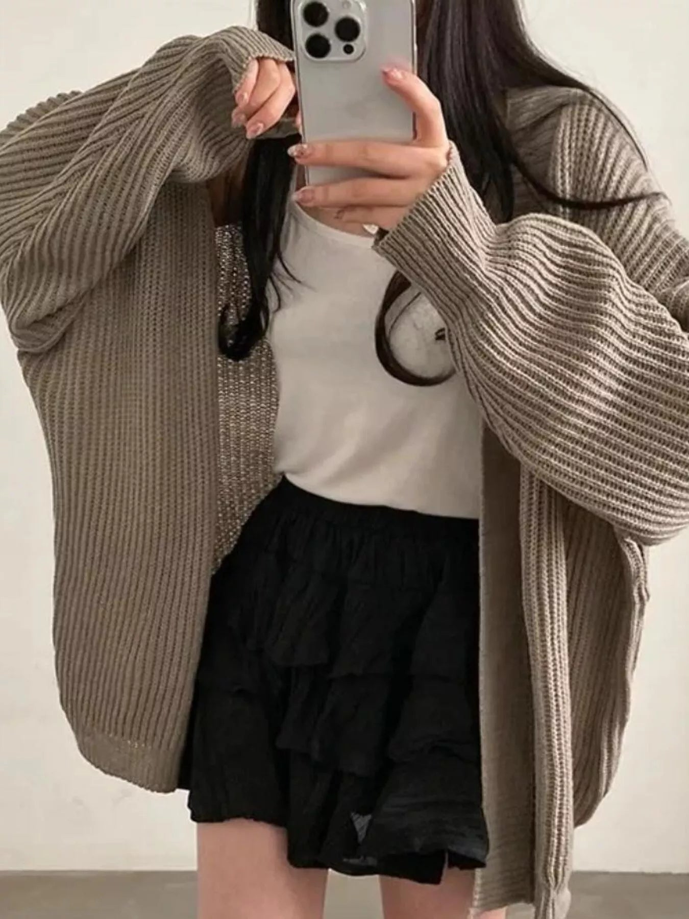 Open Front Oversized Knit Cardigan for Women style, featuring a cozy oversized fit and slightly stretchy material.