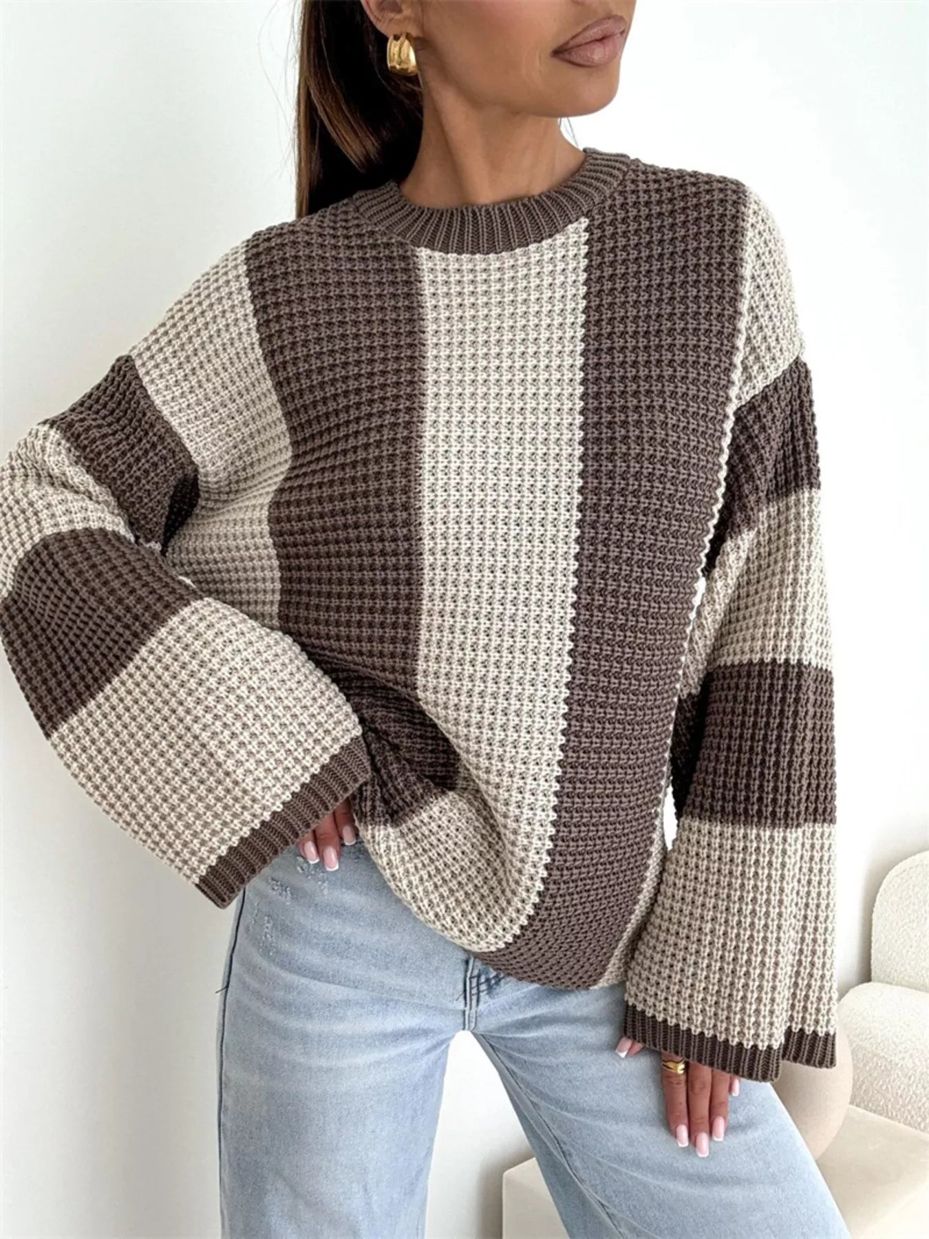 Color Block Long Sleeve Sweater in oversized cozy knit style with brown and cream stripes