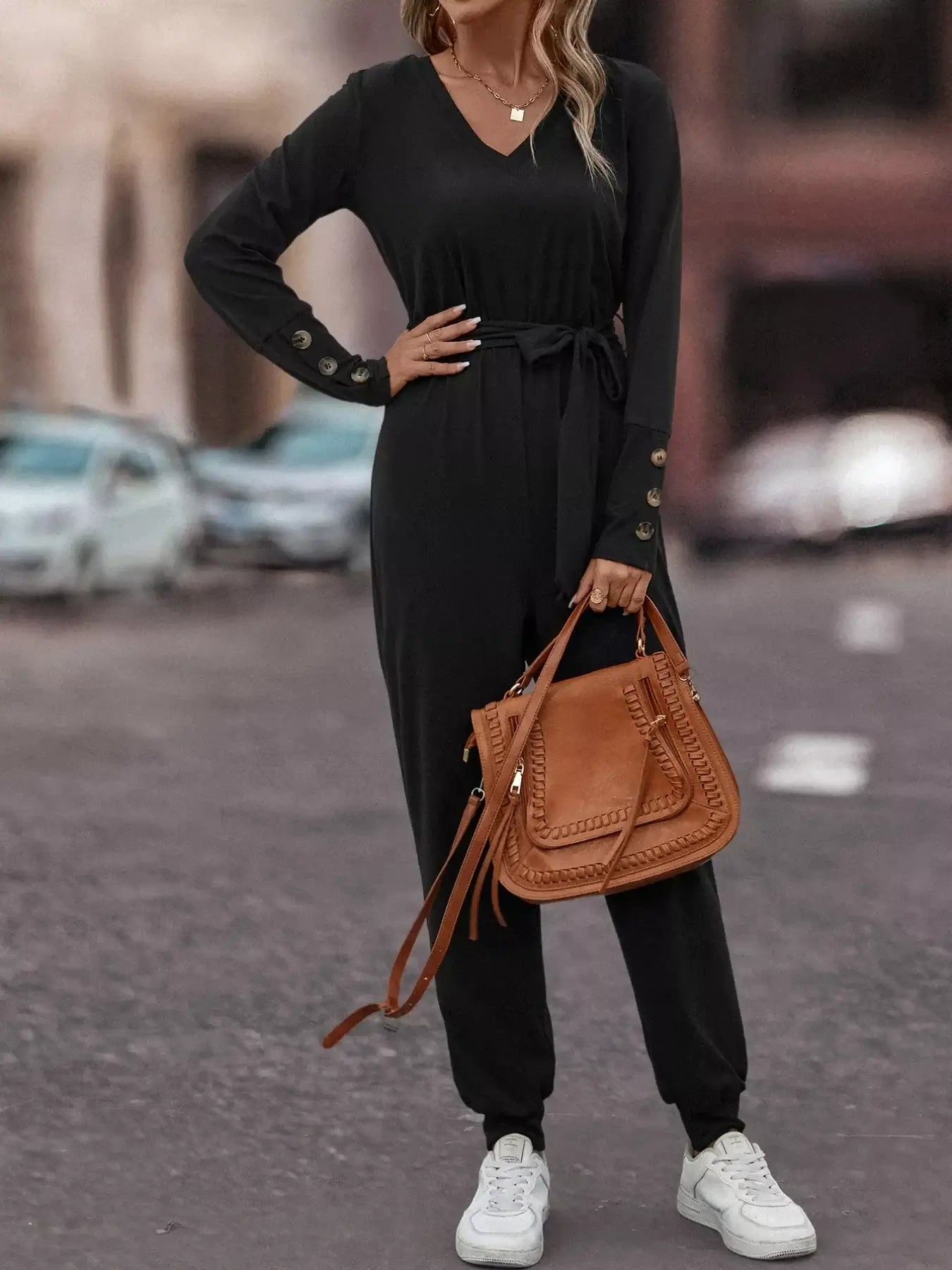 V-Neck Long Sleeve Tie Waist Jumpsuit for Women, stylish black jumpsuit with tie waist and long sleeves.