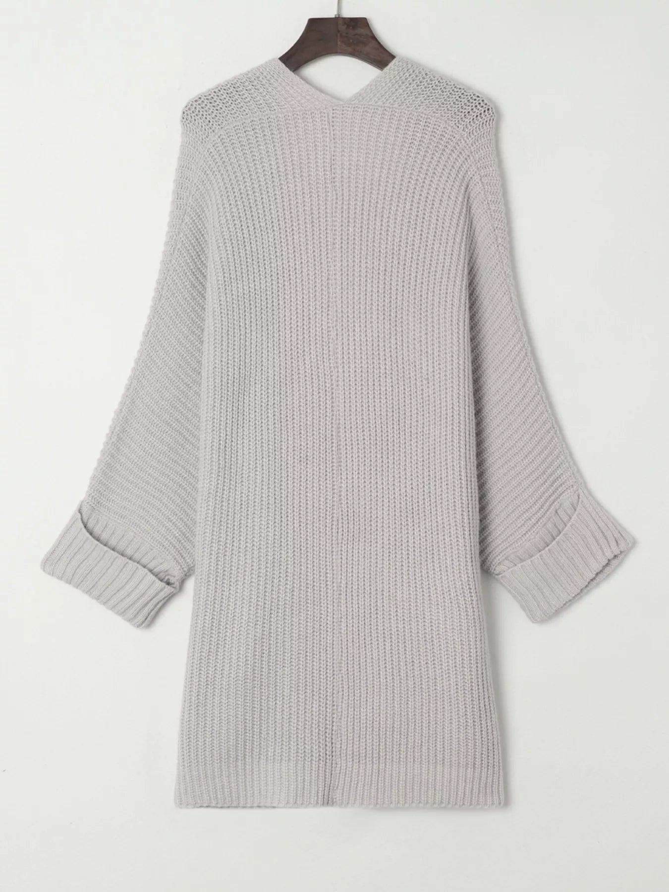 Oversized Fold Over Sleeve Open Front Cardigan for Women in light gray color with back view showing knitted texture.