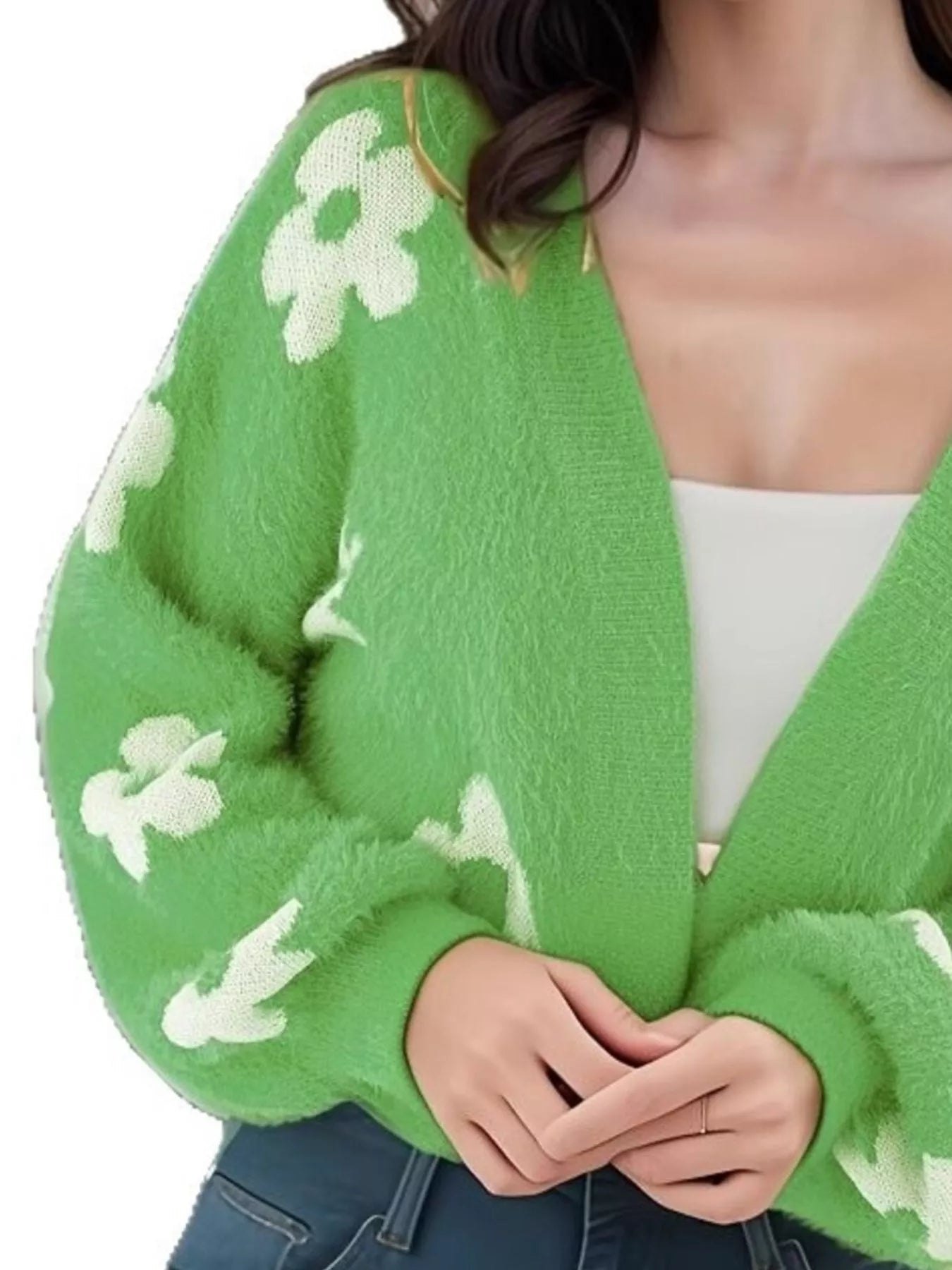 Floral Open Front Cardigan for Women in green with flower patterns, perfect for everyday style and comfort.