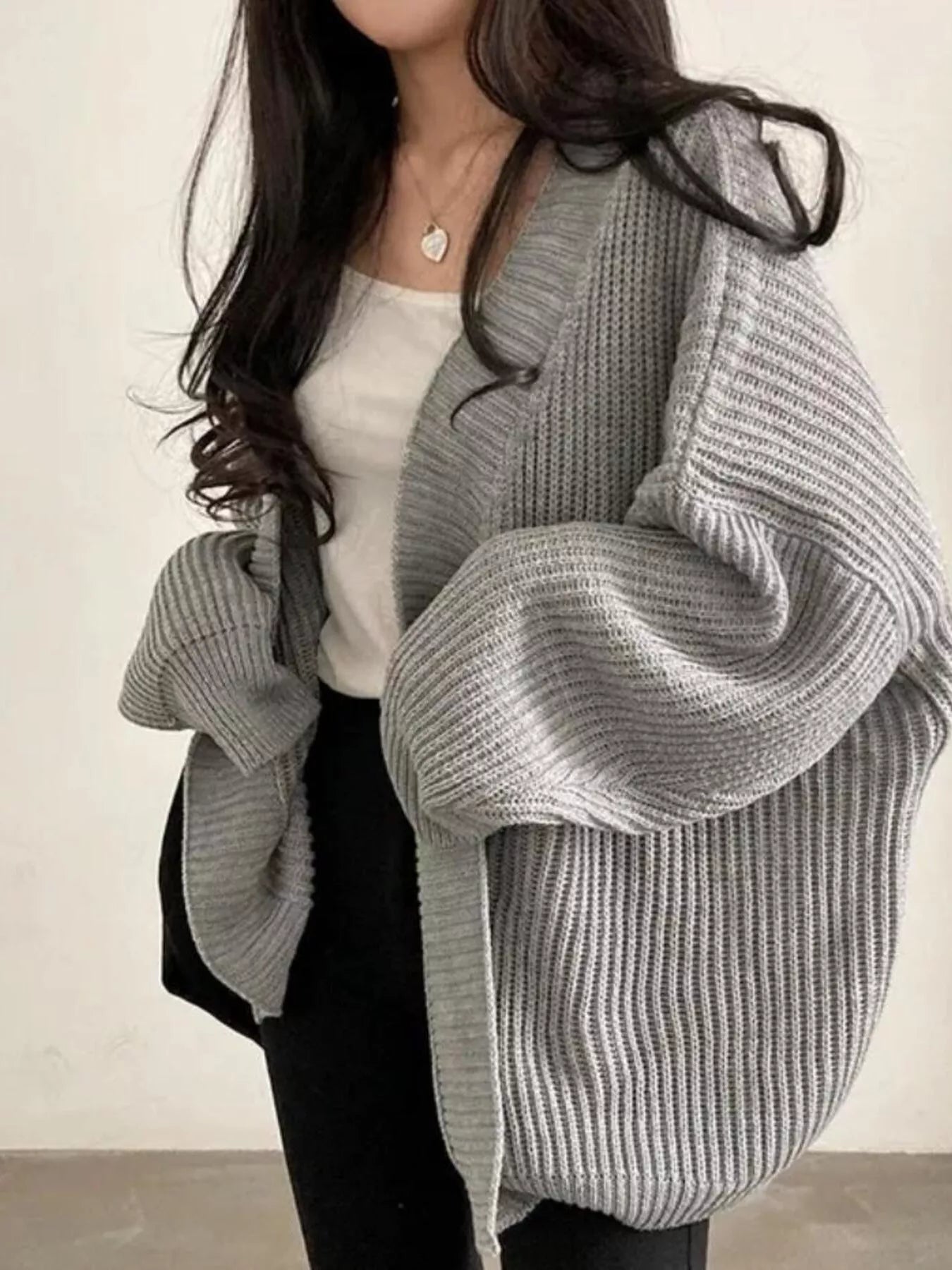 Open Front Oversized Knit Cardigan for Women, lightweight, gray knit, slightly stretchy, perfect for layering.