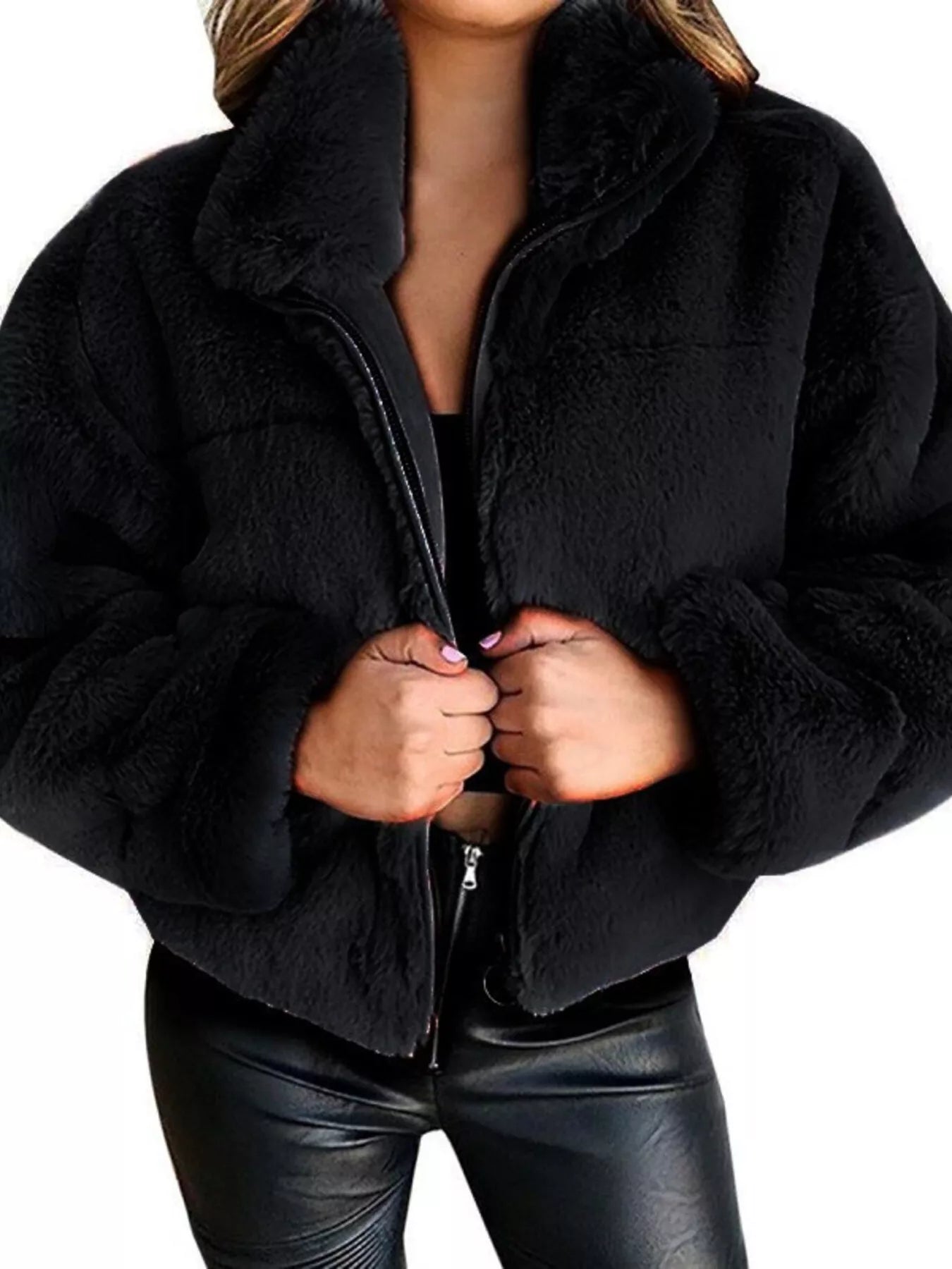 Faux Fur Cropped Zip-Up Jacket for cozy cold-season style, featuring an oversized fit and thick material.