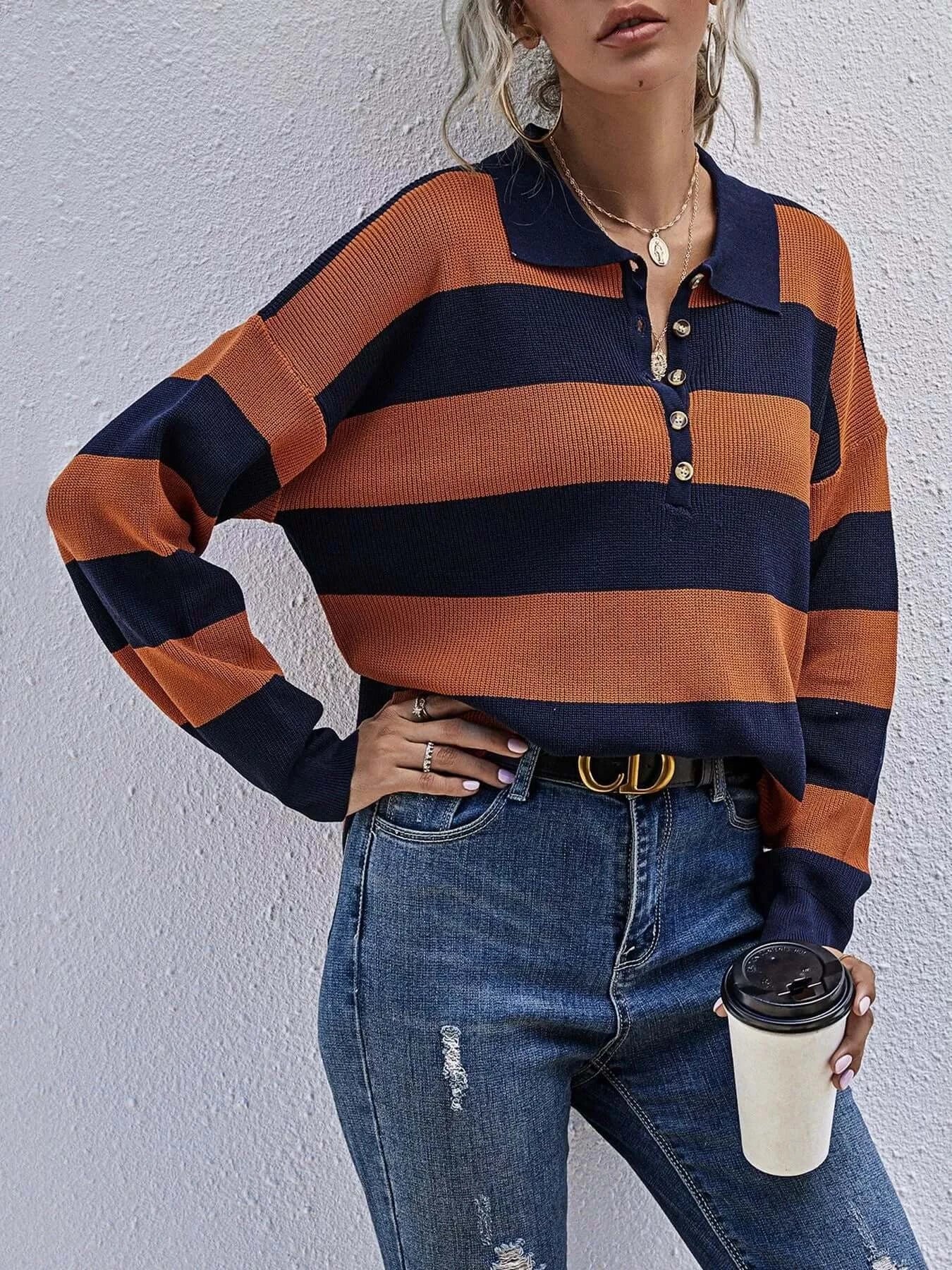 Striped Button Detail Dropped Shoulder Knit Top in bold stripes with dropped shoulders, styled with jeans and coffee cup.