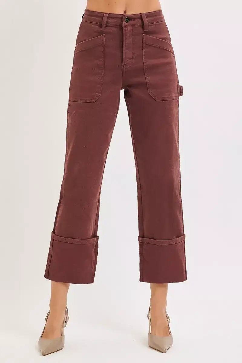 RISEN High Rise Wide Straight Cuffed Jeans in burgundy with stylish cuffed hem and high-rise waist.