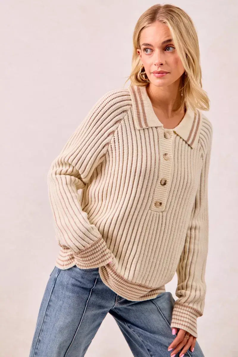 BiBi half button ribbed two tone sweater worn by a woman, featuring a cozy knit style and button-front detail.