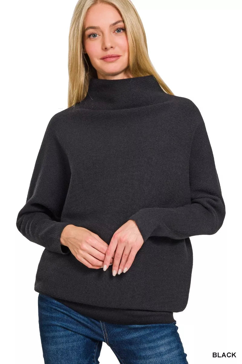 Zenana Viscose Dolman Sleeve Mock Neck Sweater in black, featuring a cozy silhouette and sophisticated design.