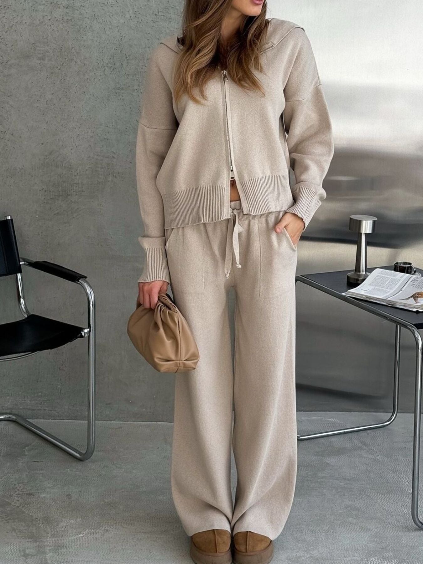 Zip Up Cardigan and Wide Leg Pants Knit Set – Women's Two Piece Outfit in light beige, casual knit wear.