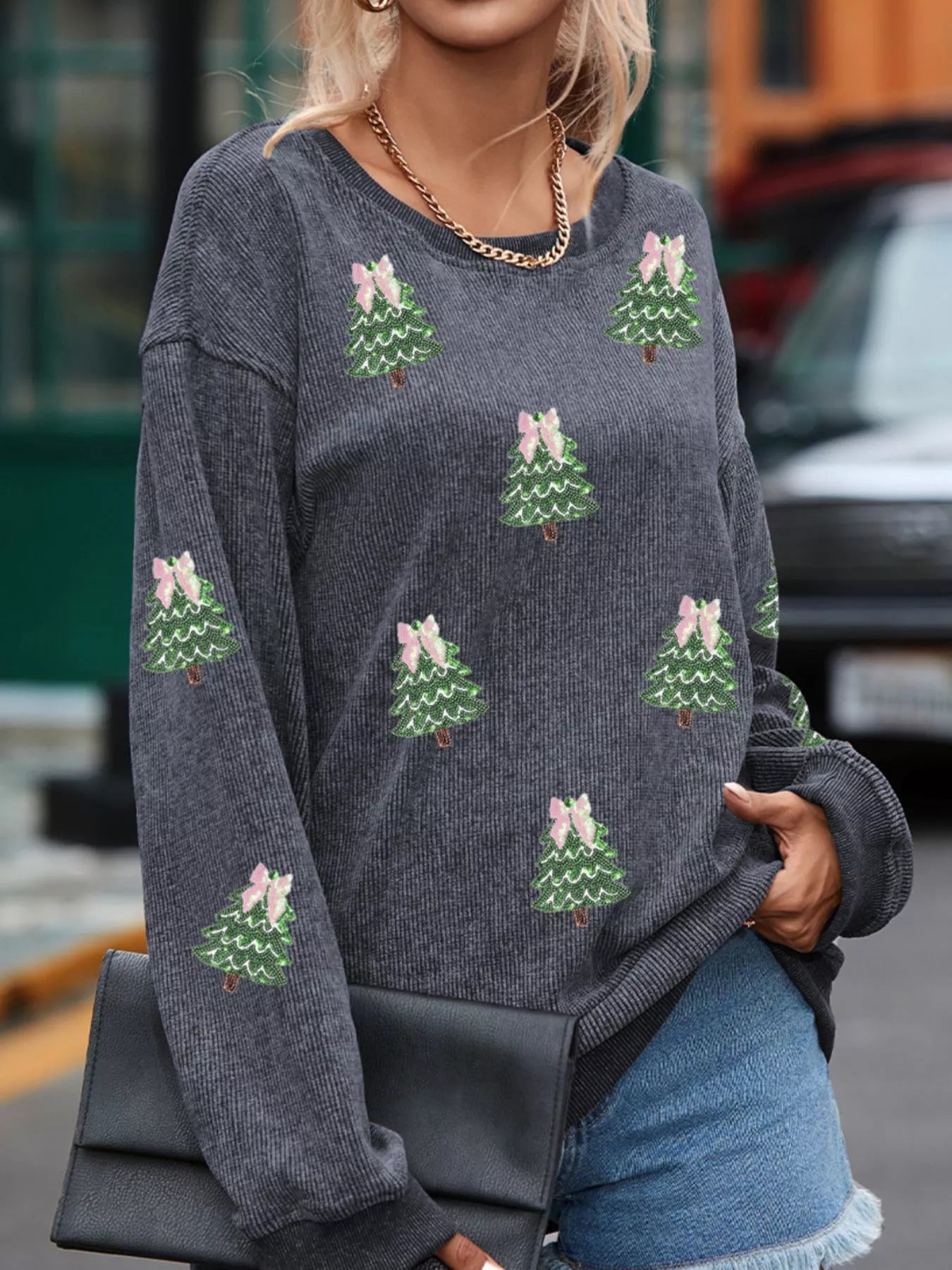 Ribbed Round Neck Sequin Christmas Sweatshirt featuring sequin Christmas trees and festive design for holiday comfort.