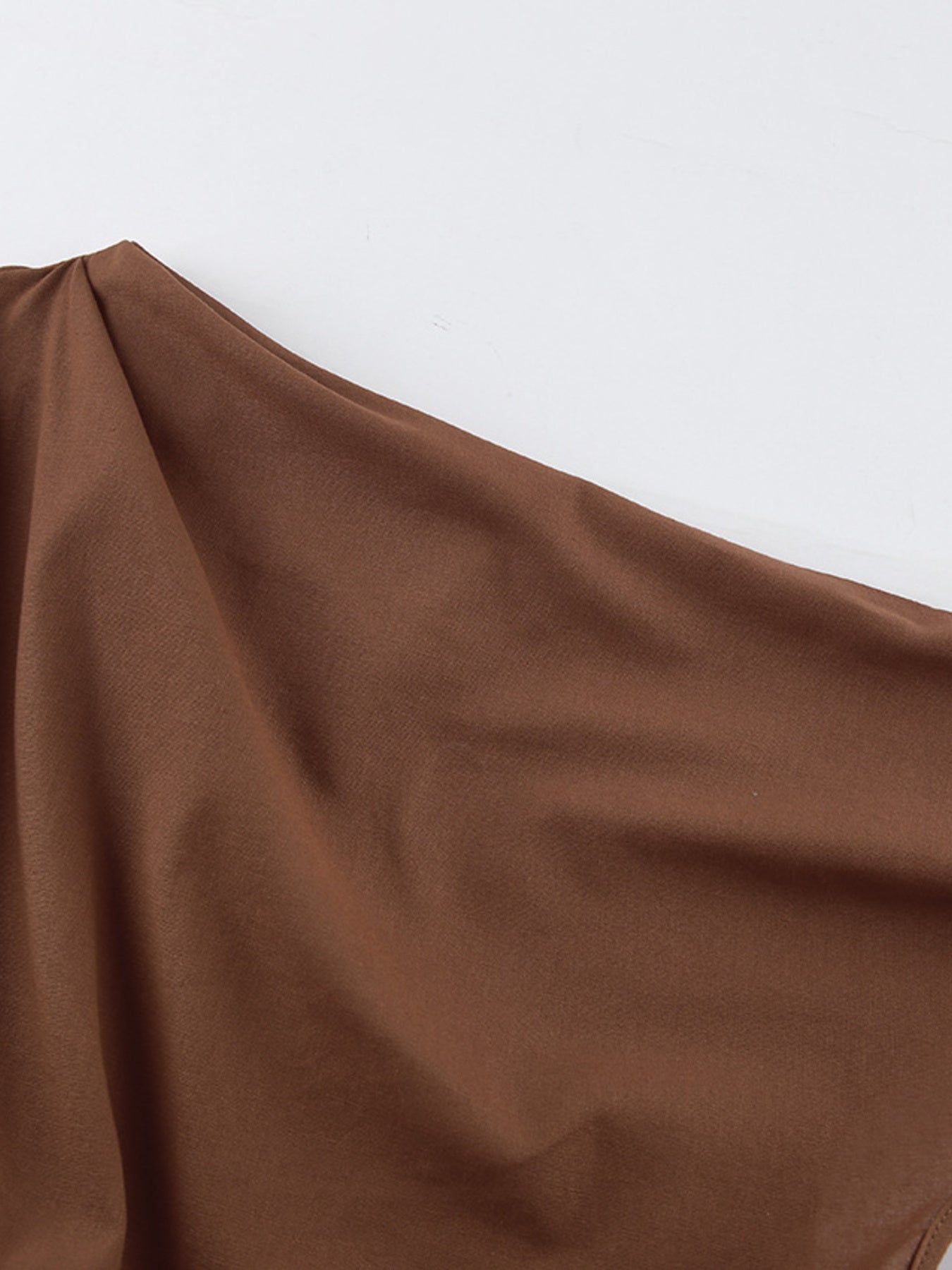 One Shoulder Top and Shorts Set stylish asymmetrical top in rich brown fabric with ruched detailing.