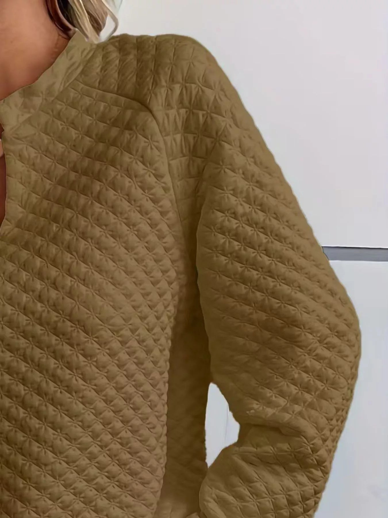 Quilted Texture Long Sleeve Sweatshirt with Notched Neck in stylish beige color.