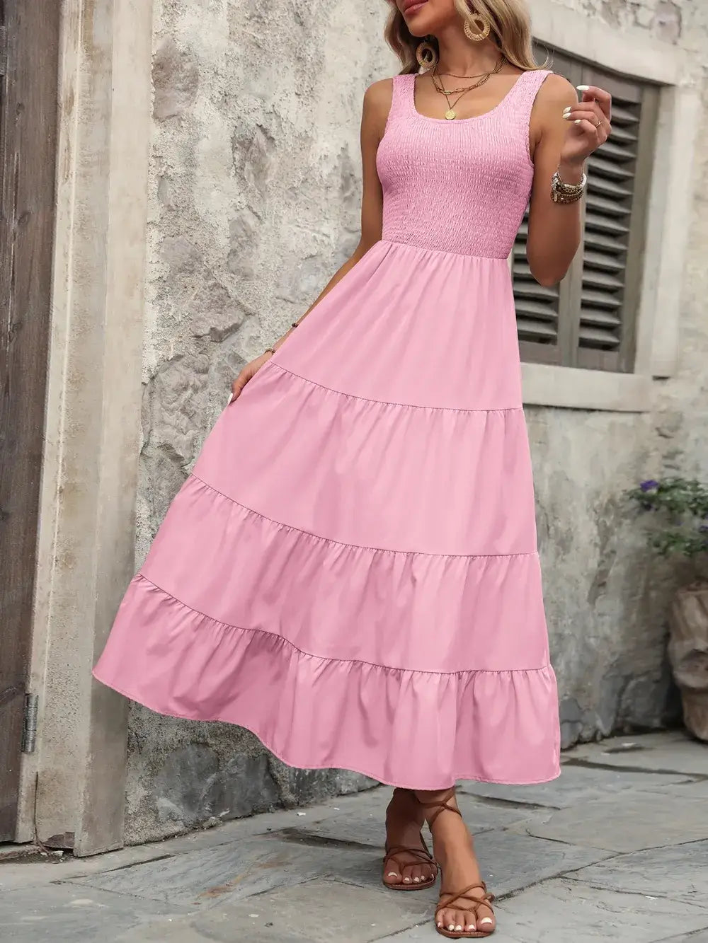 Ivy Lane Smocked Scoop Neck Sleeveless Tank Dress in pink with tiered ruffle hem and scoop neckline.