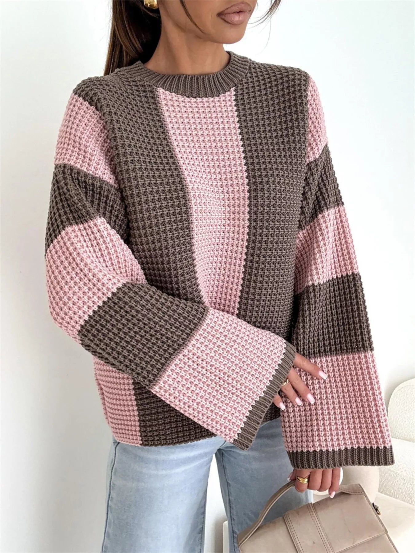 Color Block Long Sleeve Sweater in oversized cozy knit style with pink and brown stripes.