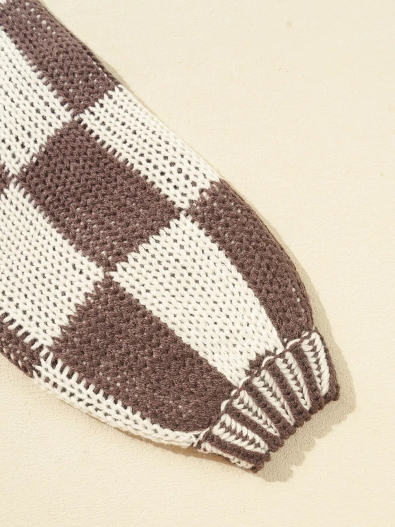 Checkerboard Pattern Sweater Cardigan - cozy knit layer featuring a brown and cream checkerboard design close-up.