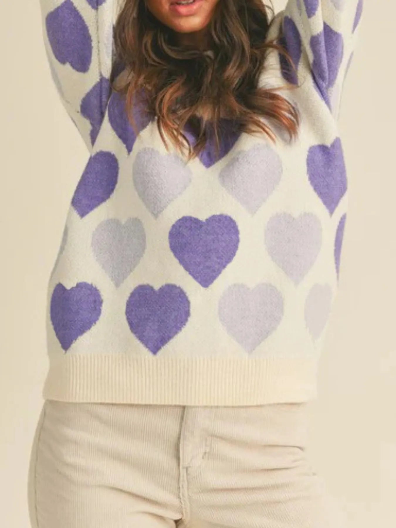 Heart Ribbed Hem Long Sleeve Sweater featuring purple heart patterns, perfect for everyday style.