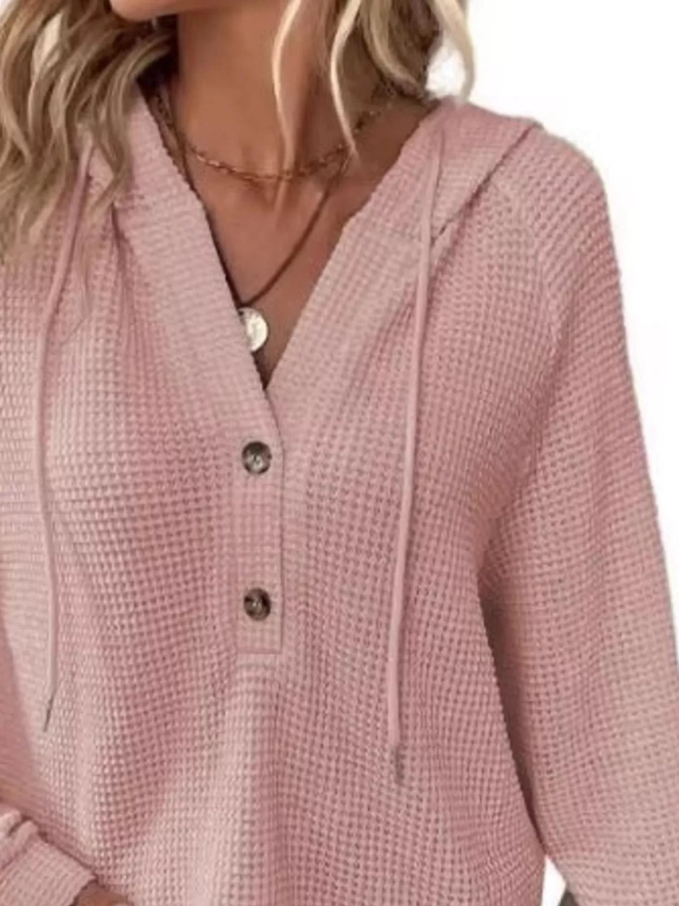 Full Size Button Detail Waffle Knit Hoodie Plus Size in light pink, featuring button detail and a cozy fit.