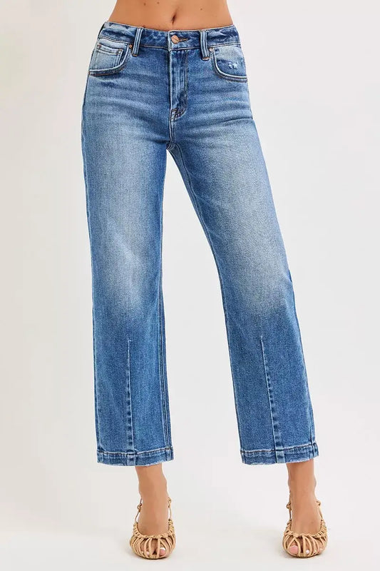 RISEN High Rise Crop Boyfriend Tapered Jeans in light blue denim with a high-rise waist and cropped length.