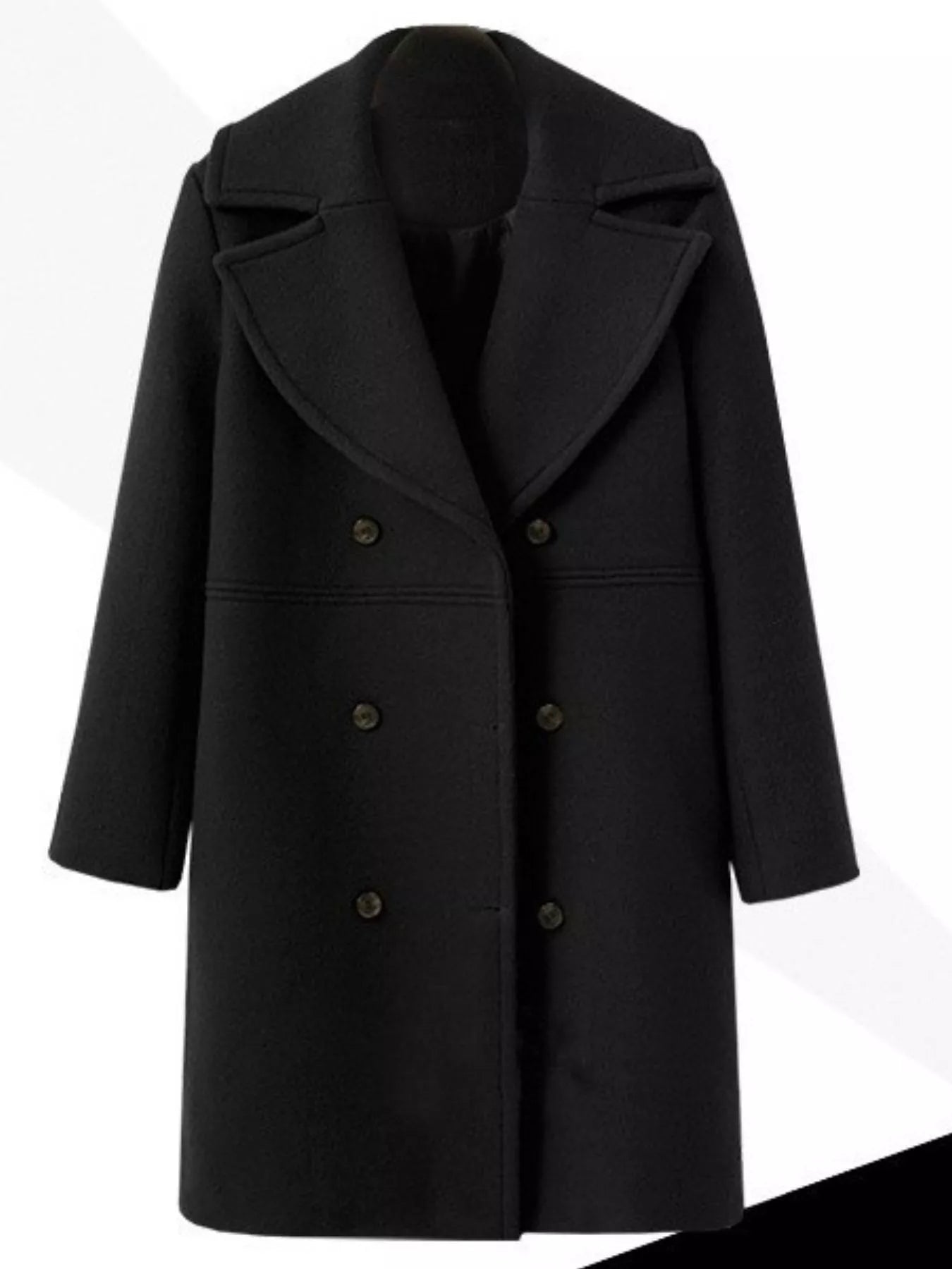Double-Breasted Long Sleeve Coat in black, featuring structured design and double-breasted button closure.