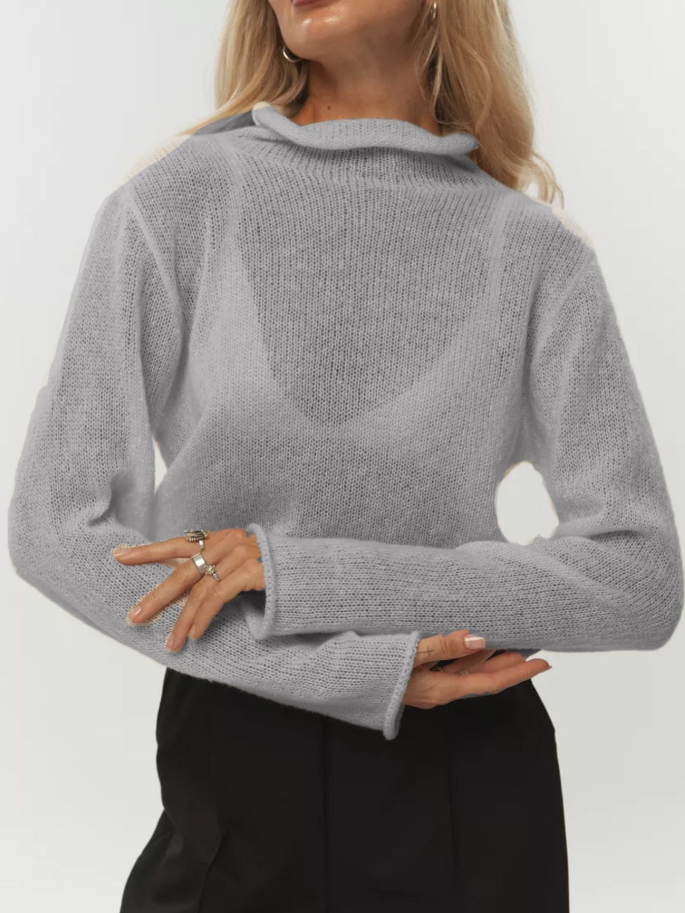 Mock Neck Long Sleeve Sweater in gray, featuring a soft knit texture and casual pullover style for women.