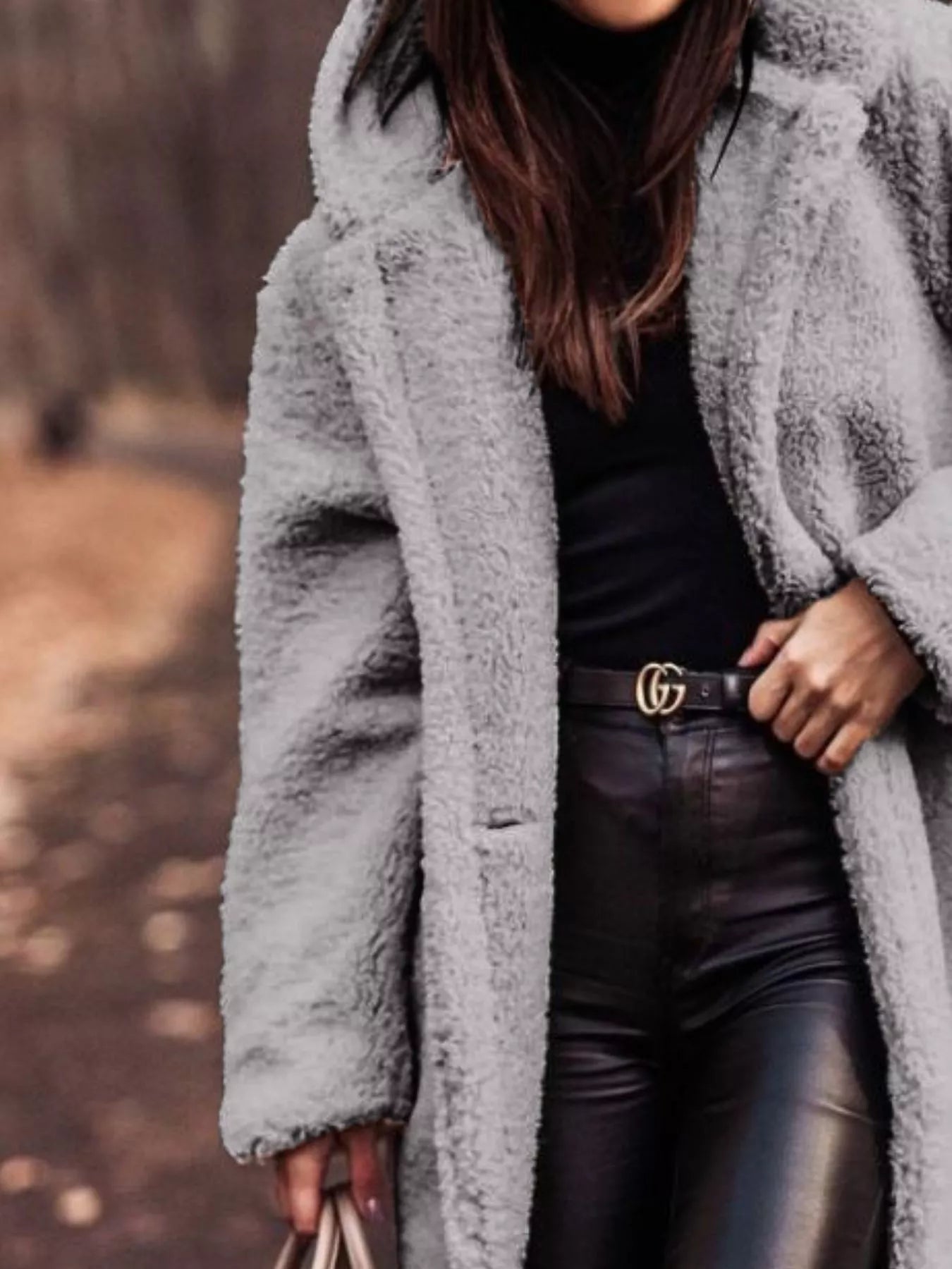 Teddy Bear Hooded Longline Outerwear in grey, featuring a cozy style, buttoned front, and casual pockets.