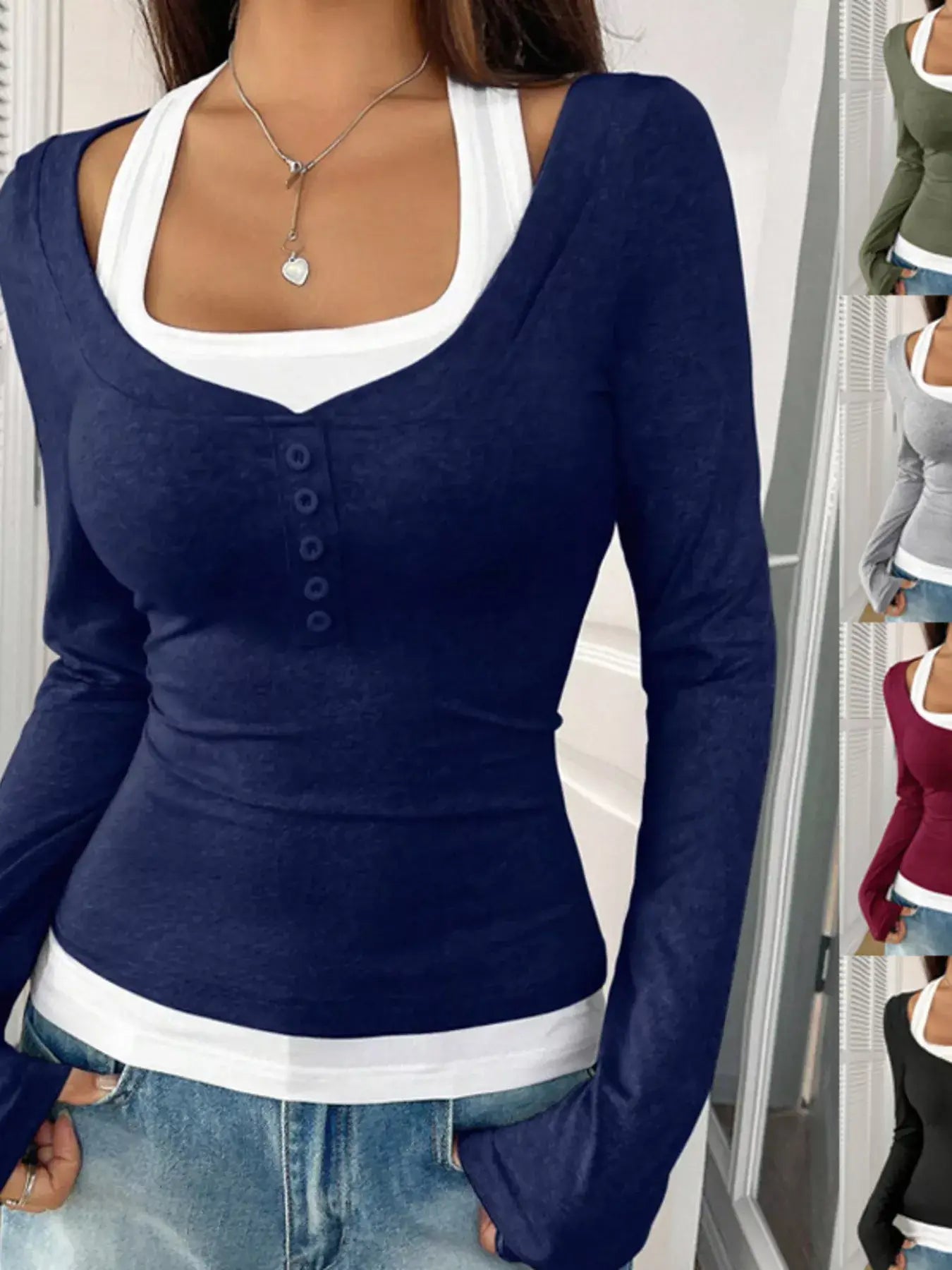 Chic scoop neck long sleeve t-shirt in navy blue, featuring a button detail and layered look, perfect for casual styling.