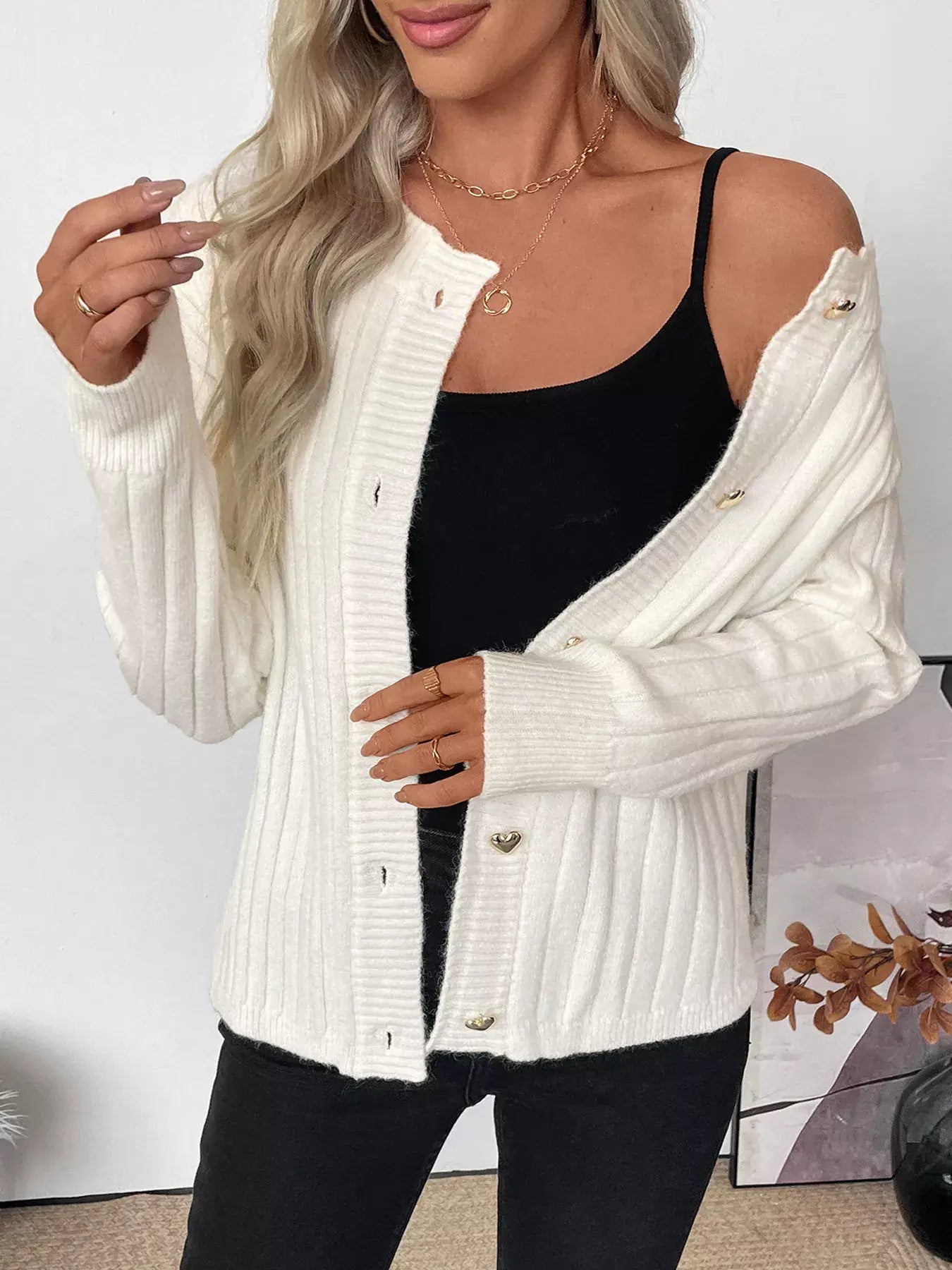 Ribbed Button Up Long Sleeve Cardigan styled with a black top, showcasing cozy elegance and classic button-up front.