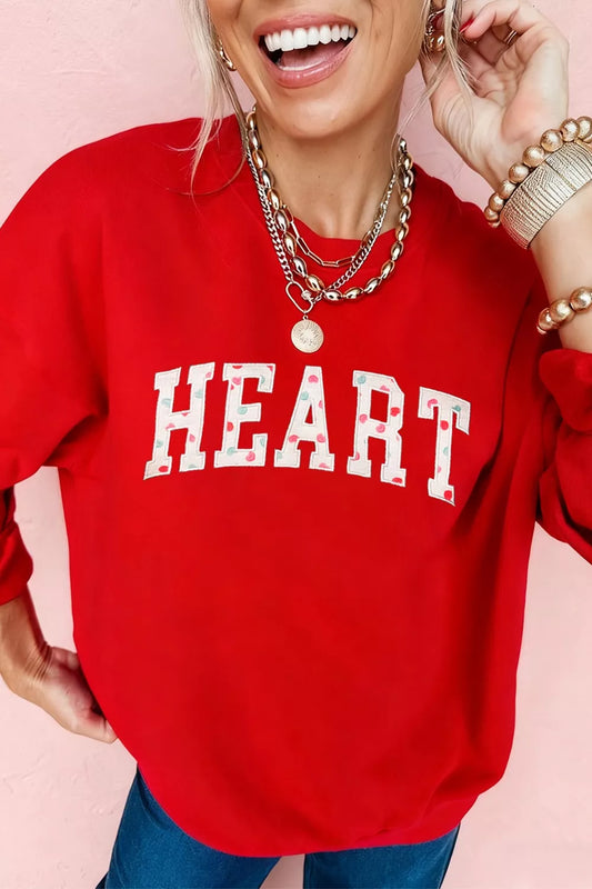 Heart Embroidered Patched Graphic Valentine Sweatshirt in red with floral letters.