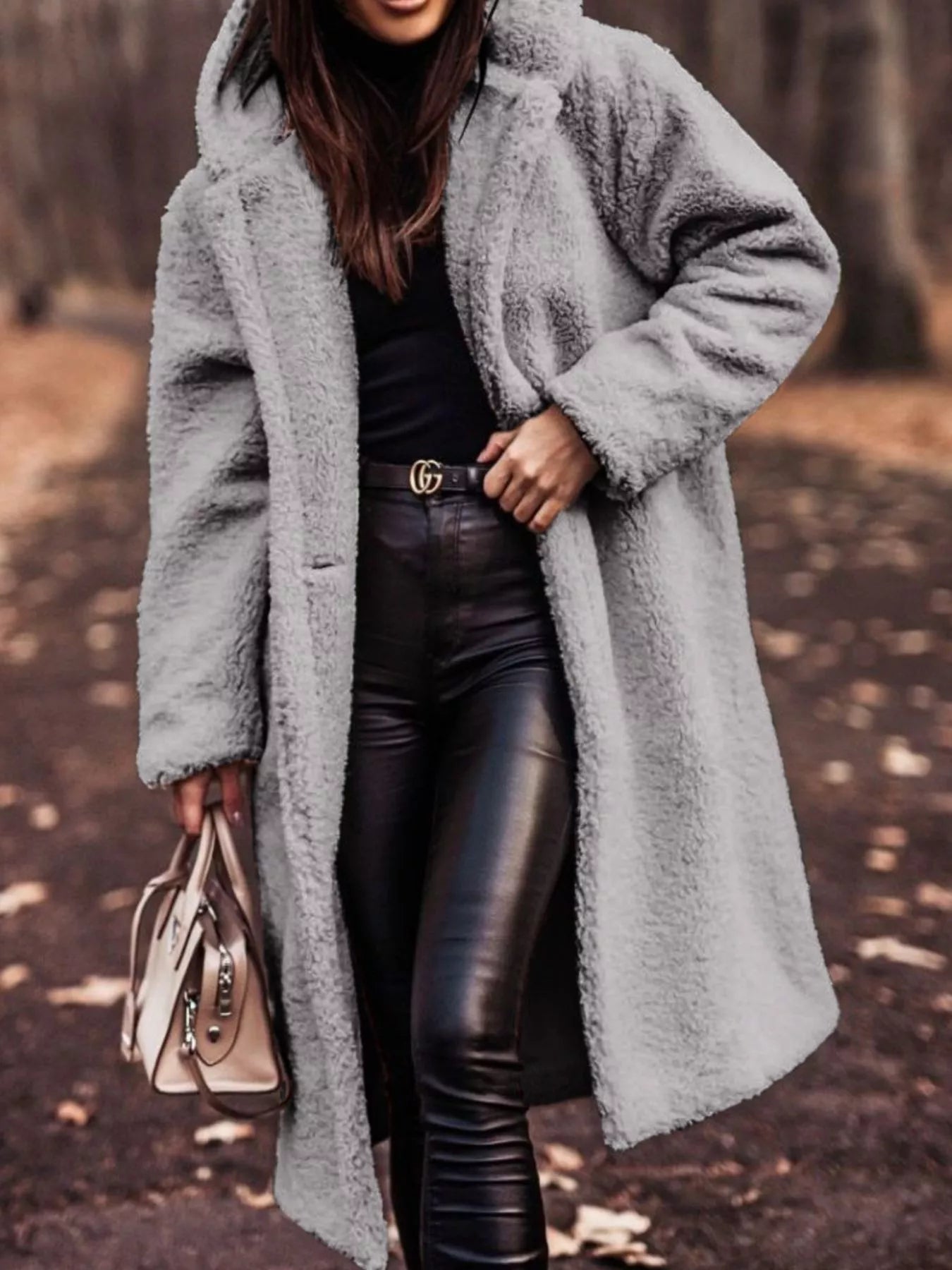 Teddy Bear Hooded Longline Outerwear in grey, featuring button and pockets, perfect for cozy everyday style.