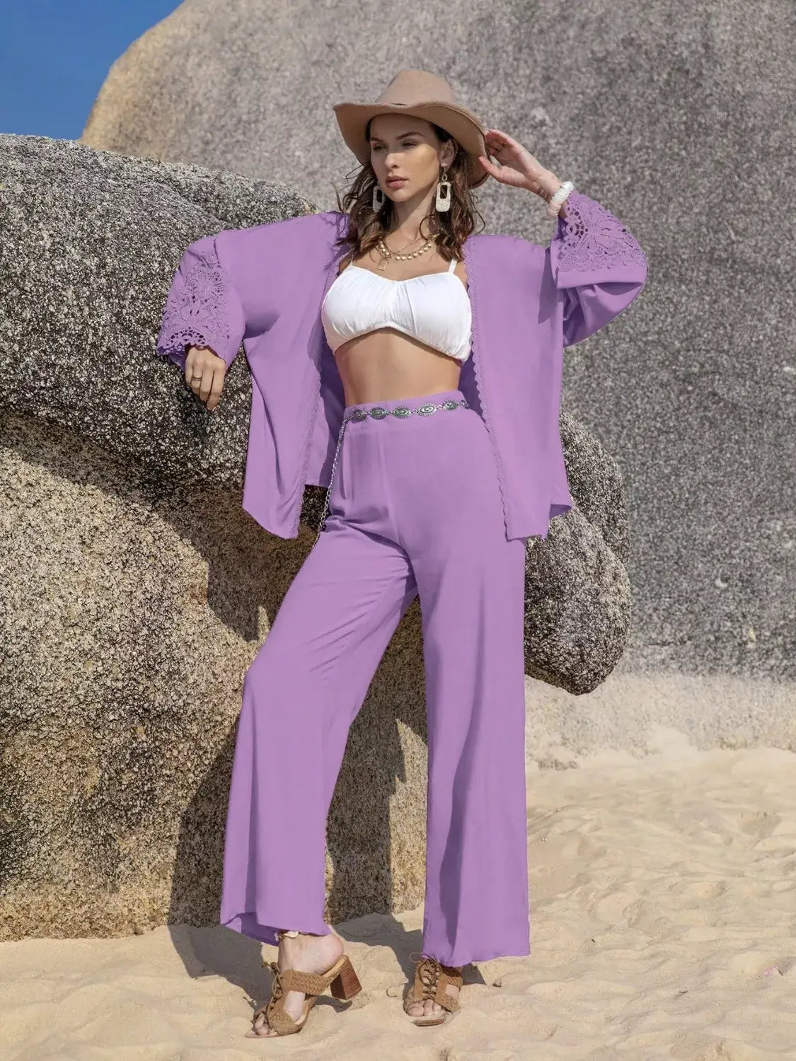 Lace Detail Open Front Cover Up and Pants Set for Women, stylish two-piece outfit with lace details, perfect for summer.