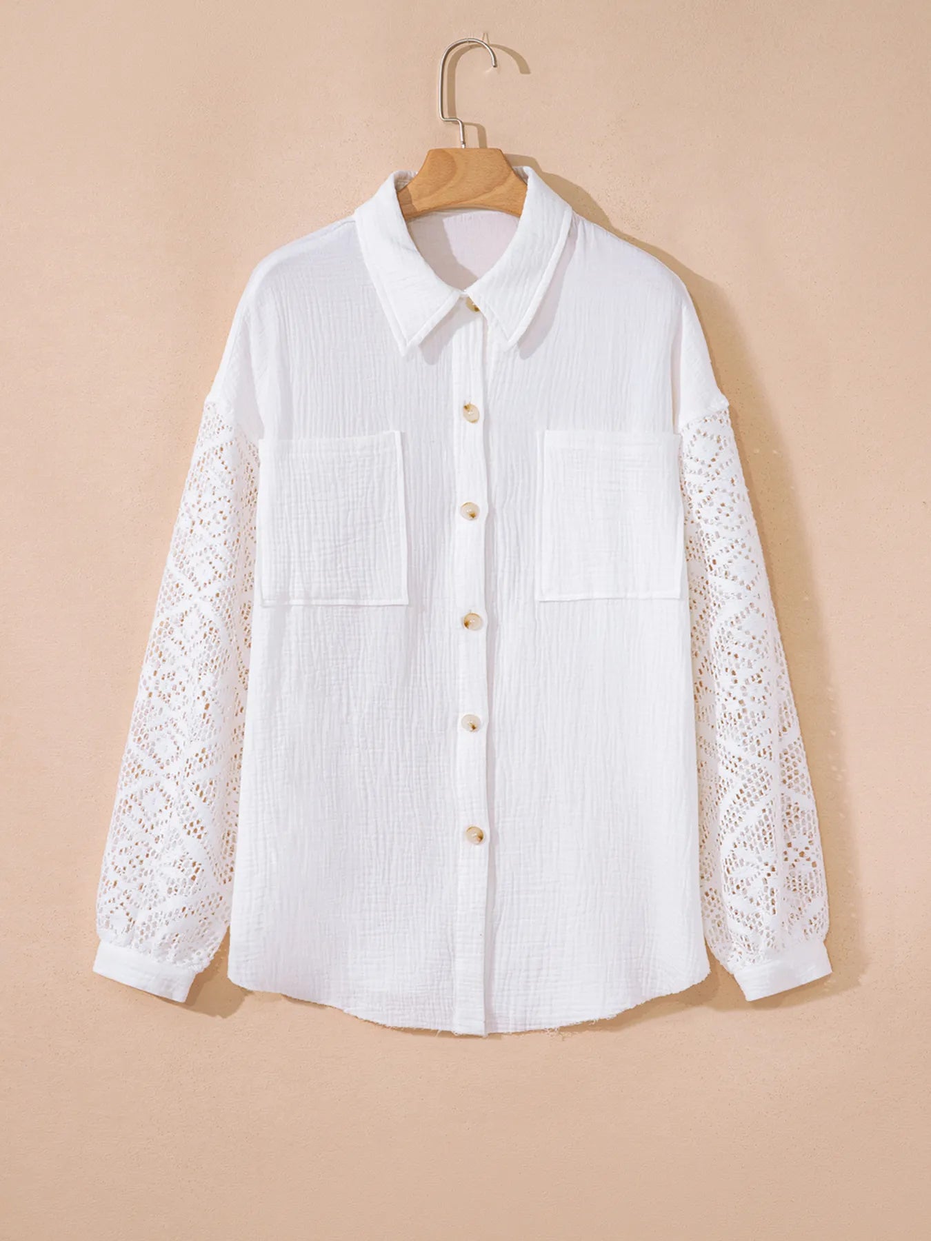 Lace Sleeve Button Down Shirt with eyelet detail and pockets for elegant everyday style.