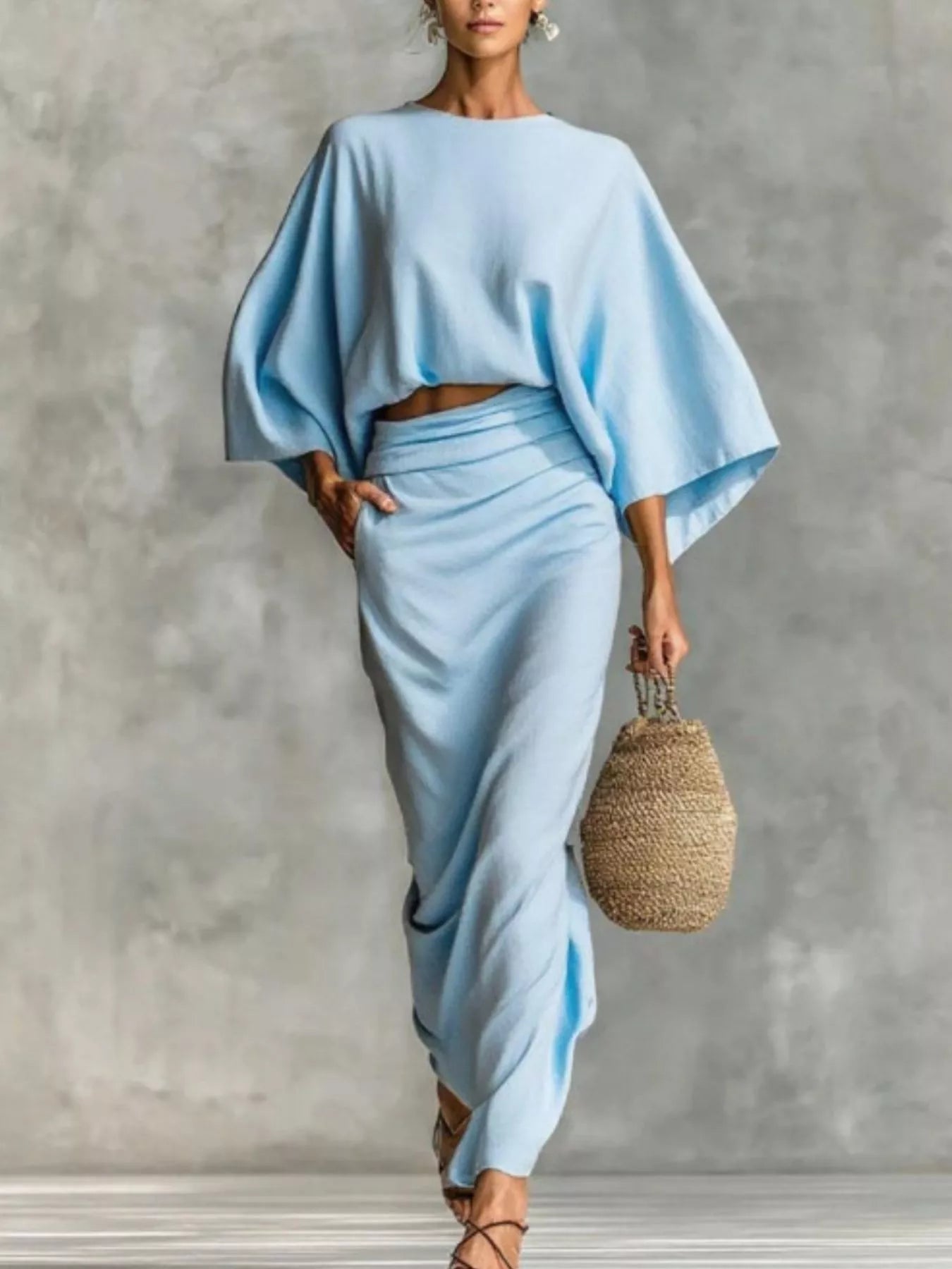 Kimono Sleeve Top and Ruched Skirt Set – Elegant Two Piece Outfit in light blue, featuring a relaxed fit and stylish design.