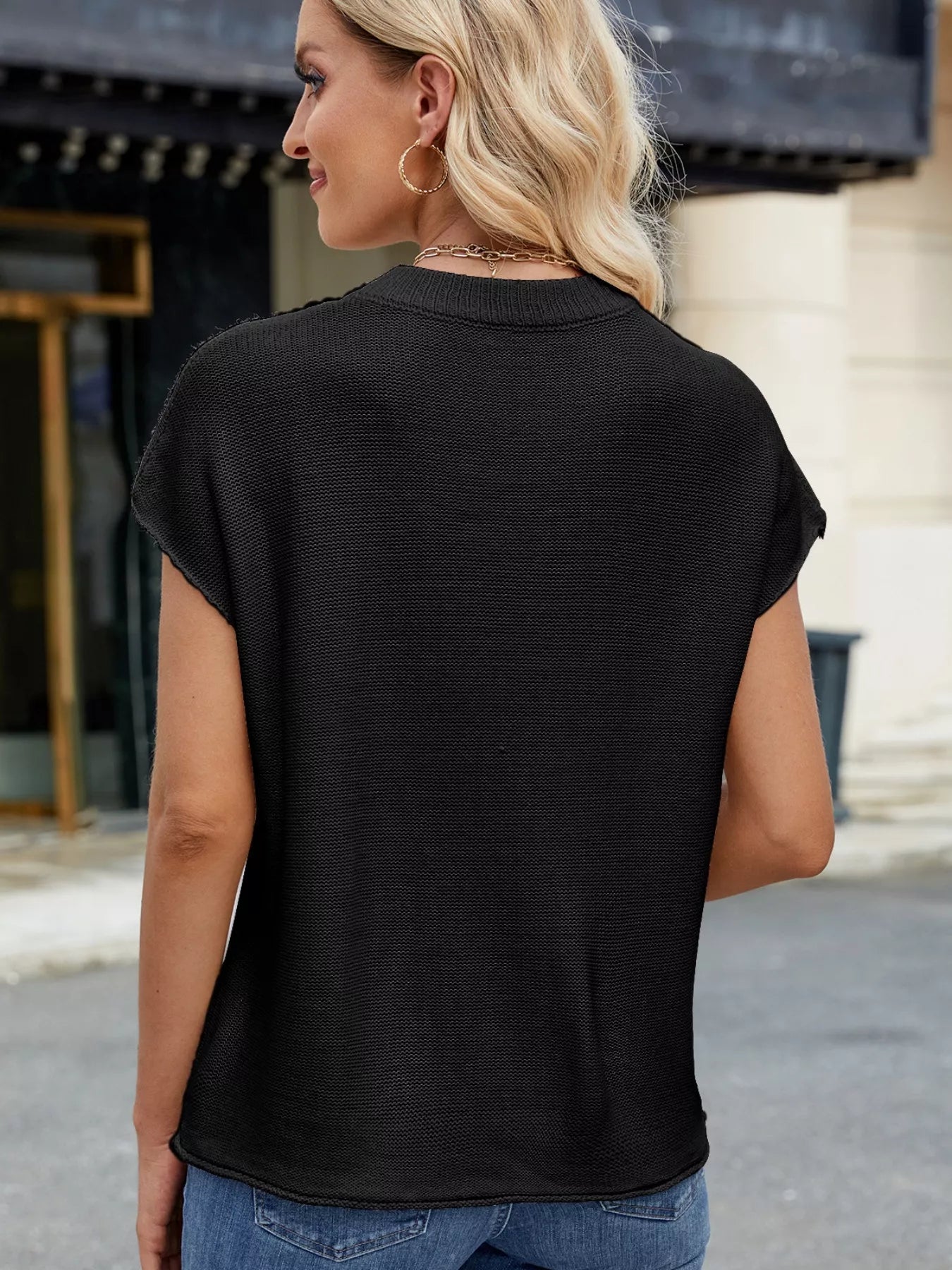 Round Neck Short Sleeve Knit Top with Center Seam Detail, black, back view, casual style, slightly stretchy fabric.