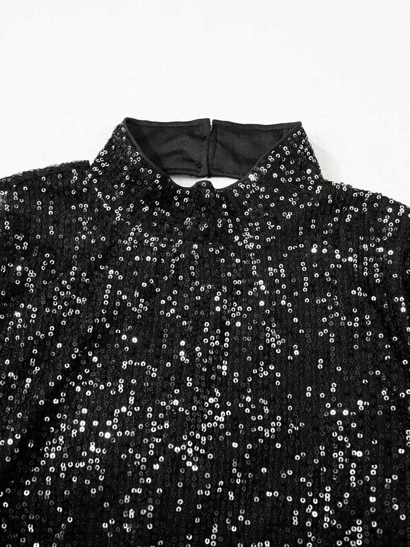 Sequin Mock Neck Drape Open Back Bell Sleeve Top showcasing shimmering sequins and high neckline.