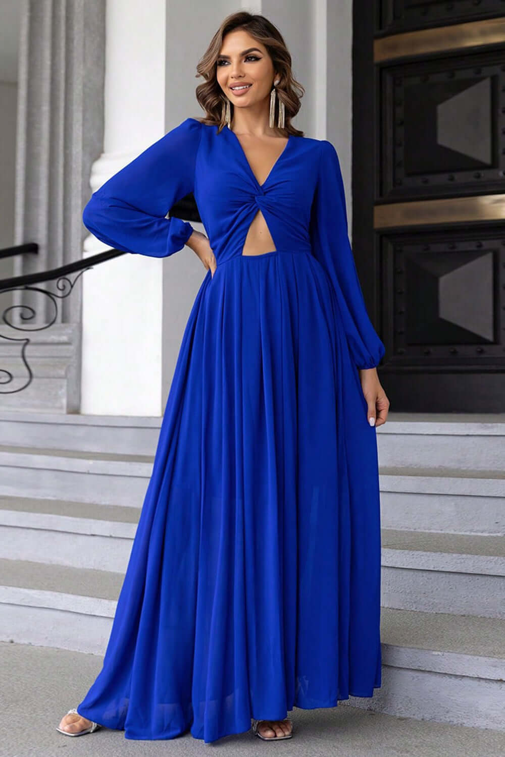Twist Front Cutout Long Sleeve Dress in bold blue showcases chic cutout design and elegant long sleeves, perfect for evening events.