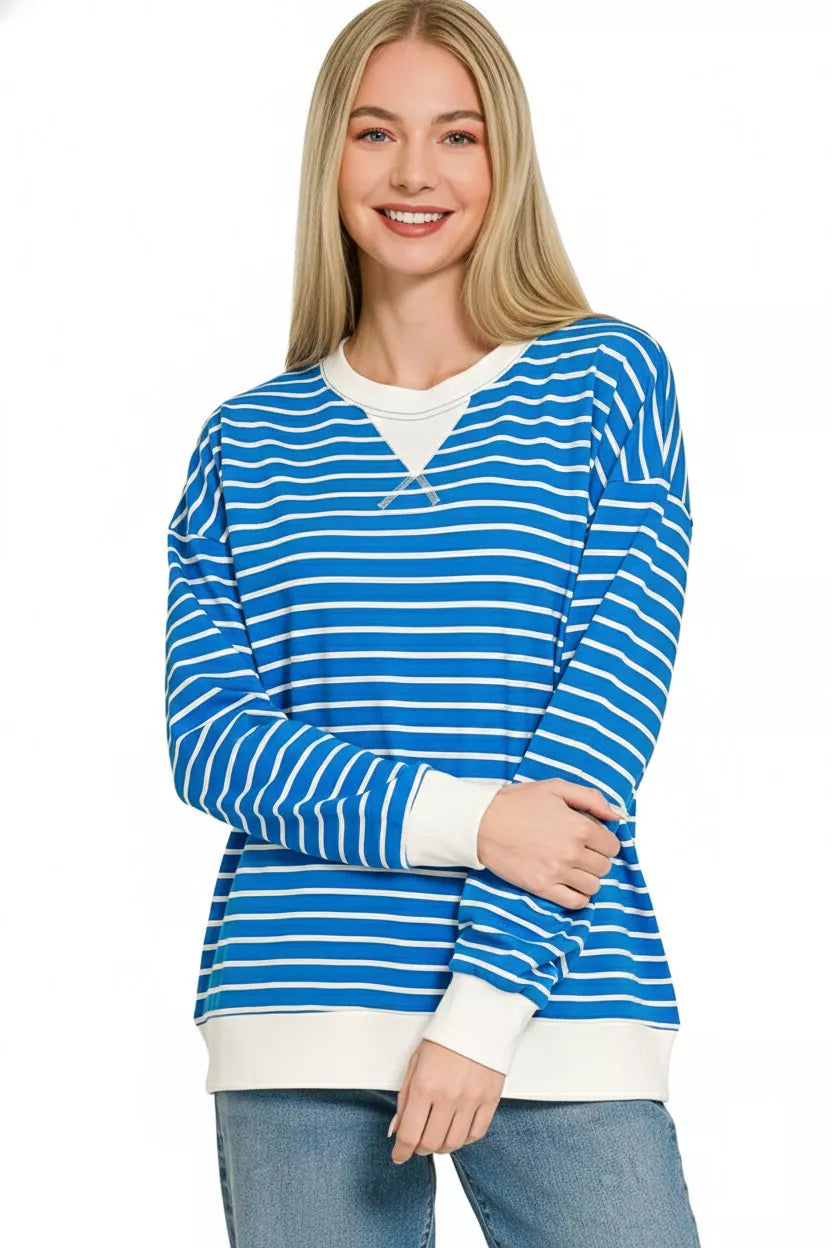 Zenana Contrast Striped Round Neck Sweatshirt for Women in blue and white stripes, perfect for casual outfits.