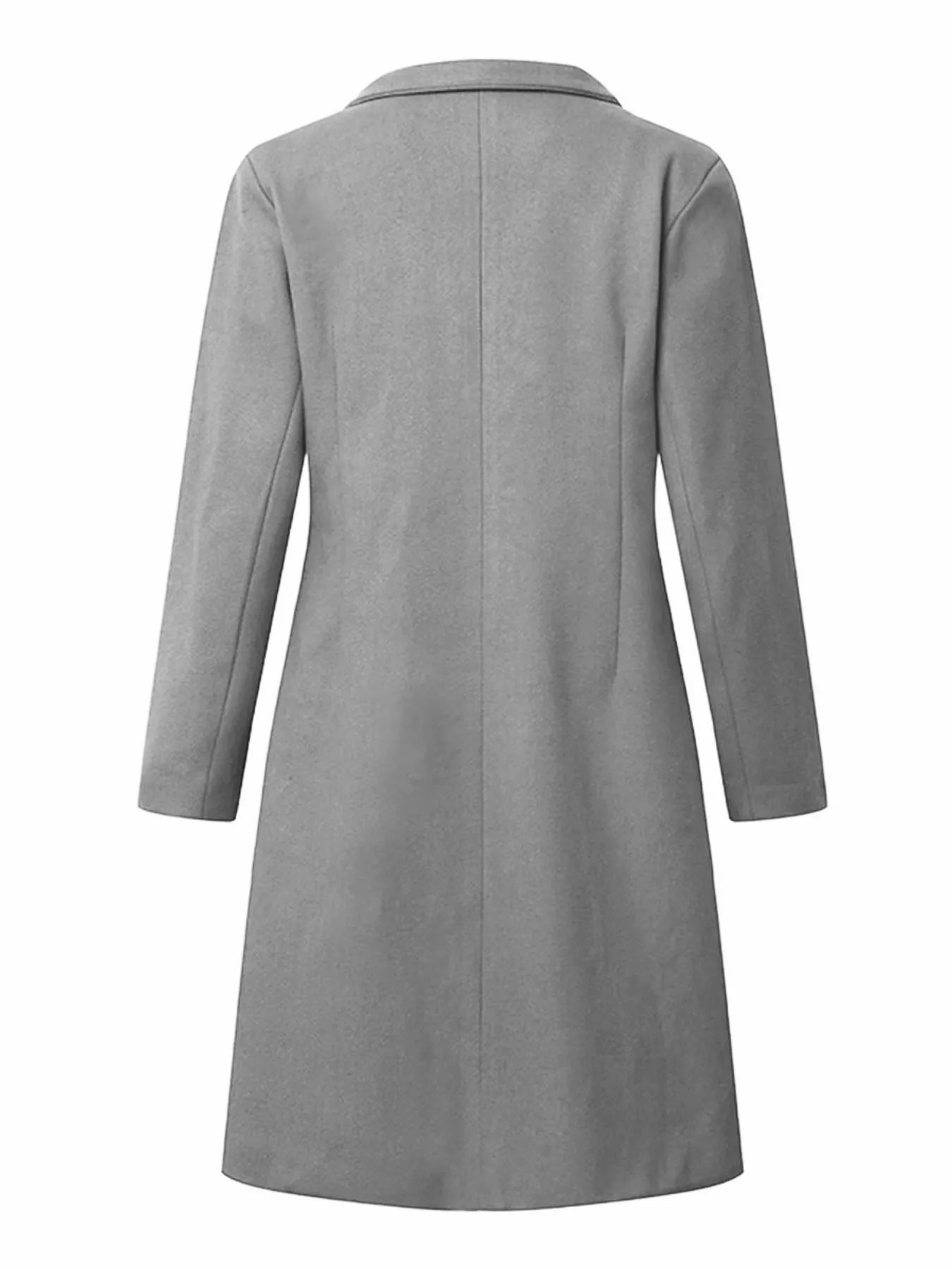 Back view of Full Size Single Breasted Long Sleeve Overcoat for Women in gray fabric.