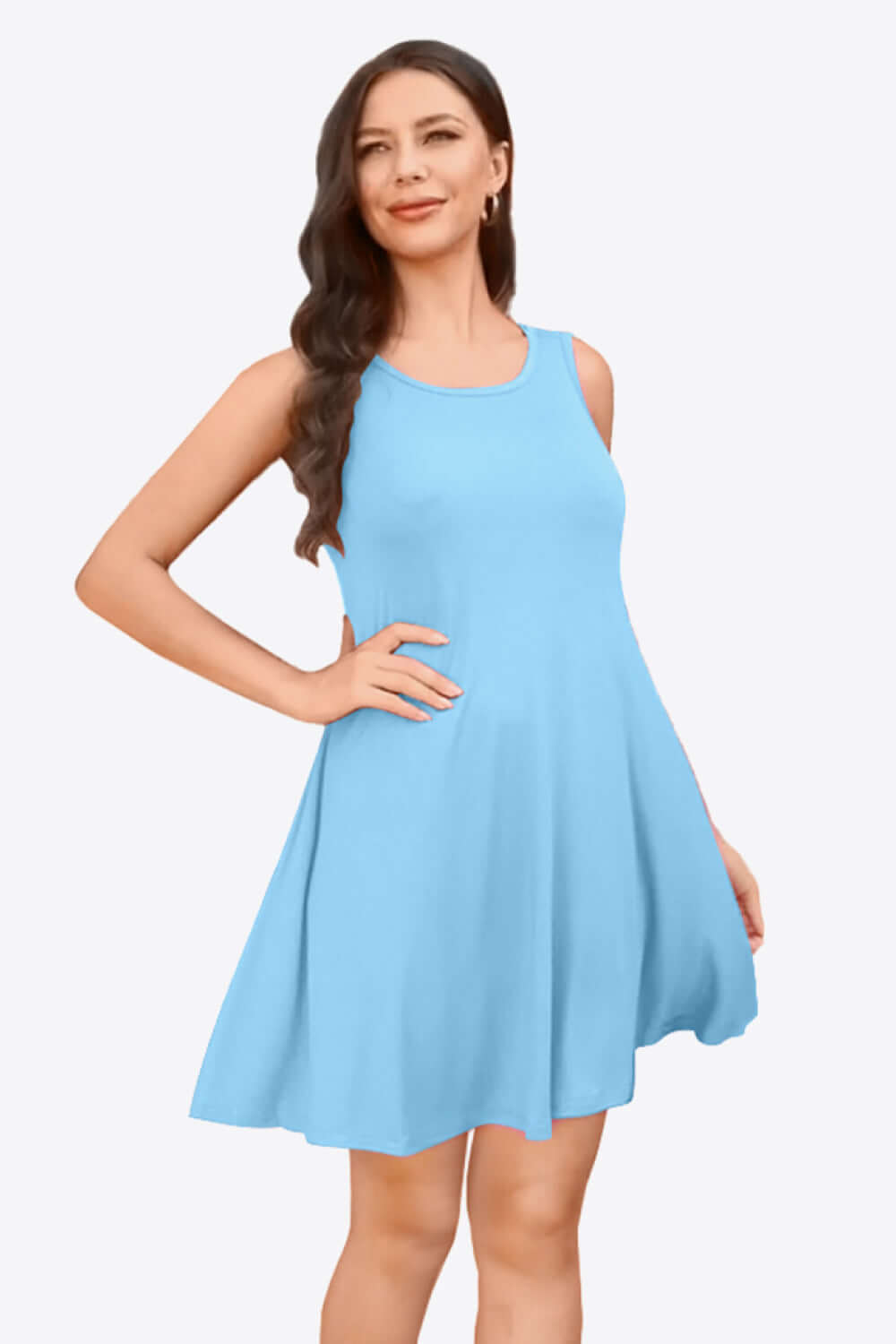 Full size round neck sleeveless dress in light blue with pockets, perfect for casual wear and summer outings.