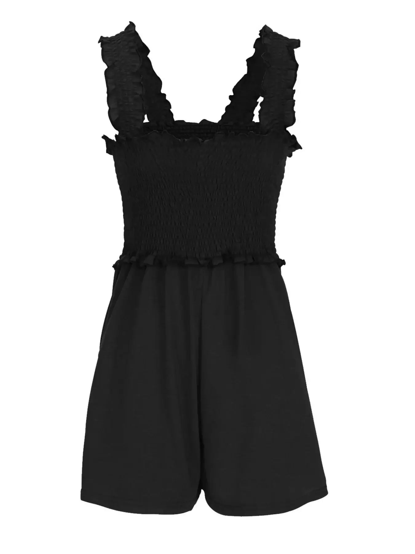 Smocked Square Neck Summer Romper in black with ruffled straps and smocked bodice for stylish summer outfit.