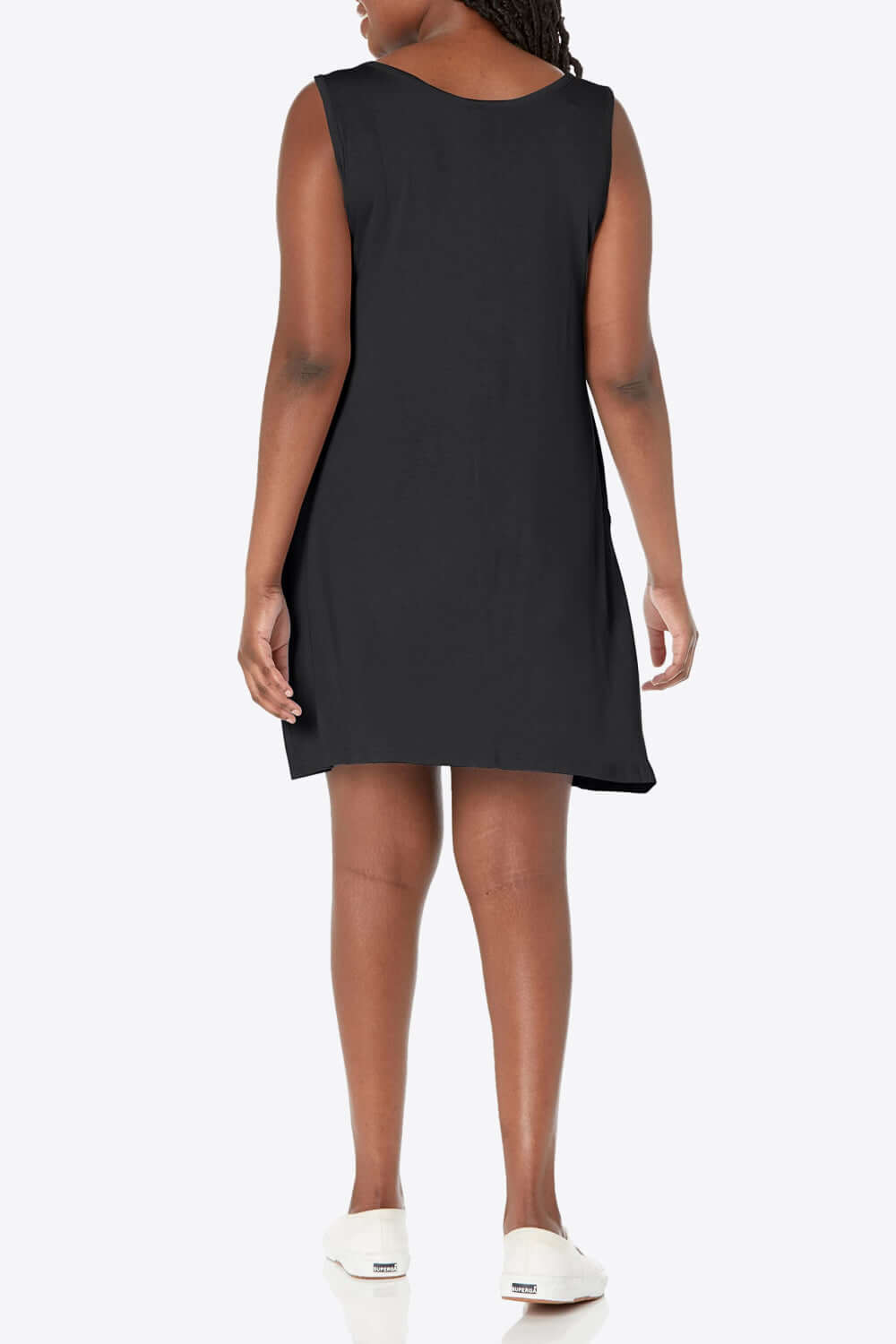 Back view of a black sleeveless round neck dress with pockets, perfect for casual wear.