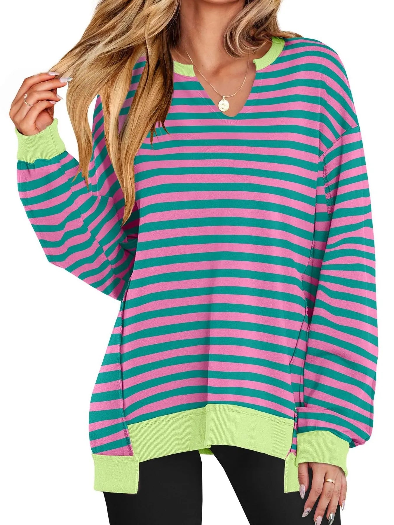 Notched Long Sleeve Oversized Sweatshirt in pink and green stripes, perfect for casual wear.