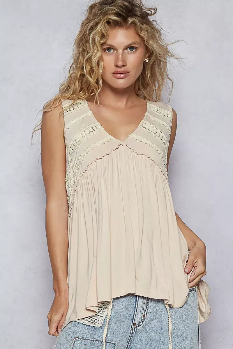 POL Lace Trim Babydoll Sleeveless Top in soft beige with lace details and flowy silhouette, perfect for stylish outfits.